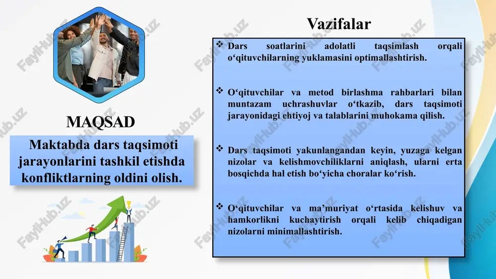 yilidagi faoliyatlarini shaffof holatda baholanishi orqali dars taqsimotida yuzaga keladigan nizolarni oldi olinadi. 2 jamoaviy qaror qabul qilish jarayoni zaif, o‘qituvchilar va ma’muriyat o‘rtasida kelishmovchiliklar dars taqsimoti oldidan ochiq muloqat va maslahatlashuvlar tizimini joriy qilish, chora-tadbirlarini ishlab chiqish, samarali rejalashtirish va muvozanatni saqlash yuzaga keladigan konfliktlarning oldini olish maktab direktori va oʻibdoʻ, metod birlashma, psixolog oʻquv yili boshida va oʻrtasida pedagoglar oʻrtasida oʻzaro doʻstona va bir-birlariga xayrixohlik munosabatlari shakllanadi 3 oʻqituvchilar uchun mak-tabda murosa qoʻmitasi shakllantirilmaydi, amalda nizo guruhi shakllantirilgan lekin ularning faoliyati qiniqarli emas. pedagogik jamoada mediator yoki murosa qoʻmitasini tashkil etish maktab direktori va oʻibdoʻ psixolog, kasaba uyushmasi oʻquv yili davomida pedagoglar oʻrtasida yuzaga kelishi mumkin boʻlgan nizolarga barham beriladi jamoada sog‘lom muhit shakllanadi. e’tiboringiz uchun rahmat image3.jpeg image4.png image5.png image6.png image7.jpeg image8.jpeg image9.jpeg image10.png image11.png image12.png image13.png image14.png image15.png image16.jpeg image17.png image18.jpeg image1.jpeg