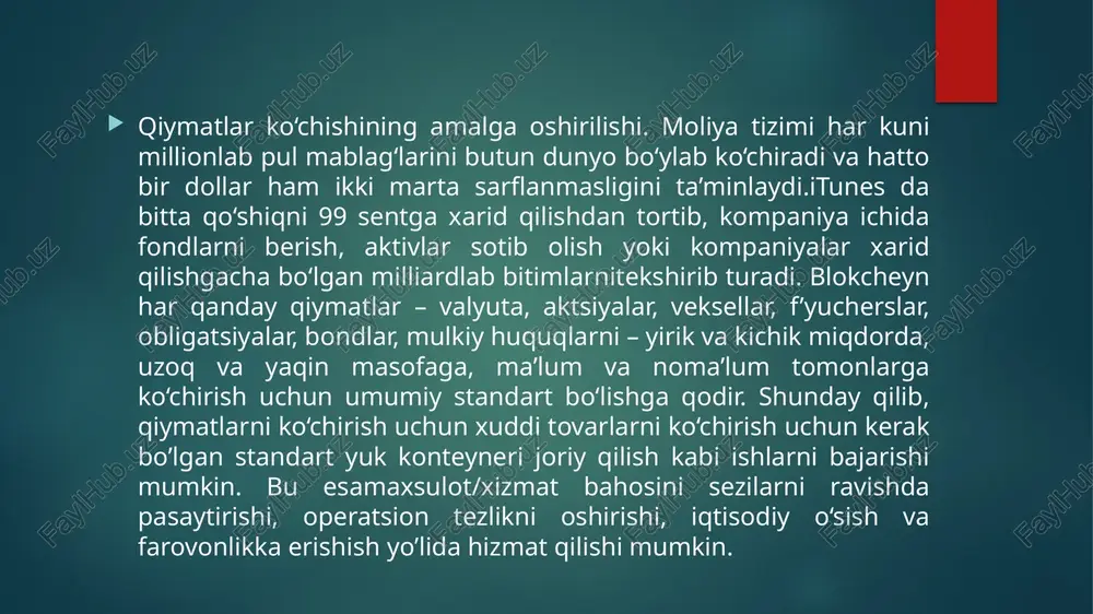 langan moliyaviy mahsulotlar va vositalar yuzaga keltirgan. so‘nggi hisob-kitoblarga ko‘ra, hozirgi davrda barcha ommaviy ochiq bo‘lgan hosila qimmatli qog‘ozlarning nominal qiymati 600 trln dollarni tashkil qilar ekan. blokcheyn tizimi sug‘urta qilishning nomarkazlashgan modellarini qo‘llab quvvatlaydi, bu esa risklarni boshqarish hamda hosila qimmatli qog‘ozlardan foydalanish jarayonini yanada shaffofroq qiladi. insonning ijtimoiy va iqtisodiy kapitaliga, uning harakatlari va boshqa nufuzga oid ko‘rsatkichlarga asoslangan blokcheyn tizimining o‘zi sug‘urta qiluvchilarga aktuar riskni yaxshiroq tushunish va turli jarayonlardan xabardor bo‘lgan holda qaror qabul qilishiga imkon yaratadi. qiymatlar buxgalteriya hisobining amalga oshirilishi. buxgalteriya hisobi – iqtisodiy jarayonlar qatnashchilari haqidagi moliyaviy axborotni o‘lchash, qayta ishlash va uzatishdir. ko‘p milliardlab mablag’lar aylanadigan ushbu tarmoqni to‘rtta audit gigantic, ya’ni,deloitte touche tohmatsu, pricewaterhousecoopers, ernst & young va kpmgkompaniyalari nazorat qiladi. an’anaviy buxgalteriya hisobi amaliyotchilarizamonaviy moliyani tezligi va murakkabligi tufayli unchalik yaxshi boshqara olmayaptilar. blokcheyn taqsimlangan registrini qo‘llaydigan yangi usullar ea audit va moliyaviy hisobotlarni shaffof qiladi va ularni real vaqt …
