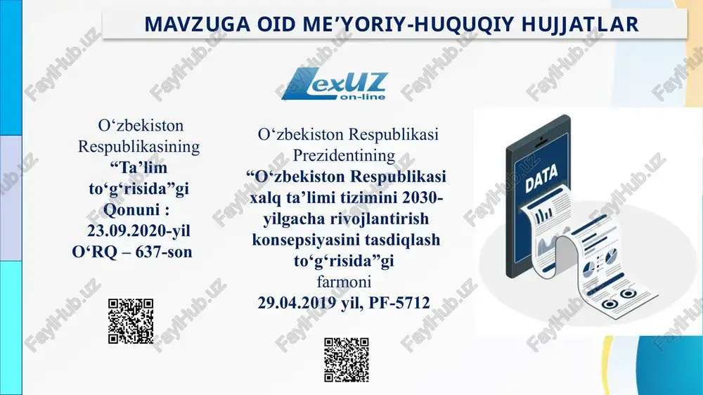 o‘yicha yetakchi mutaxassislar tayyorlash. 2050-yilgacha texnologik ta’lim sohasida yetakchilikni saqlab qolish rejalari mavjud. 2035-yilgacha dunyo bo‘ylab eng yaxshi ta’lim tizimlaridan biriga aylanishni maqsad qilgan. ilmiy izlanishlar va innovatsiyalarni qo‘llab-quvvatlash uchun grantlar va investitsiyalar hajmini oshirish zarur. qiyosiy tahlil amaldagi holat x u l o s a smart mezonlar asosida ta’lim muassasasi missiyasi va maqsadlarini belgilash orqali, ularning amalga oshirilishini aniq rejalashtirish va kuzatib borish mumkin. bu, o‘z navbatida, ta’lim sifatini oshirishga va o‘quvchilarga davlat ta’lim standartlari asosida ta’lim berishga ko‘maklashadi. taklif sm o‘quvchilarda tanqidiy fikrlash, kreativlik va muammolarni hal qilish ko‘nikmalarini o‘quv yili davomida rivojlantirish. ar har oyda o‘qituvchilarga o‘quvchilarda tanqidiy fikrlashni rivojlantirish bo‘yicha metodik treninglar tashkil etish. t har chorak baholashda o‘quvchilarning rivojlanishini monitoring qilishni raqamlashtirish. chora -tadbirlar rejasi n muammo amalga oshirish mexanizmi mas’ul muddat natija 1 o‘quvchilarda tanqidiy fikrlash, kreativlik va muammolarni hal qilish ko‘nikmalarini yetarli emasligi. o‘quvchilarga dars jarayonlarida muammolarni hal qilish va tanqidiy fikrlashga yo‘naltirilgan …