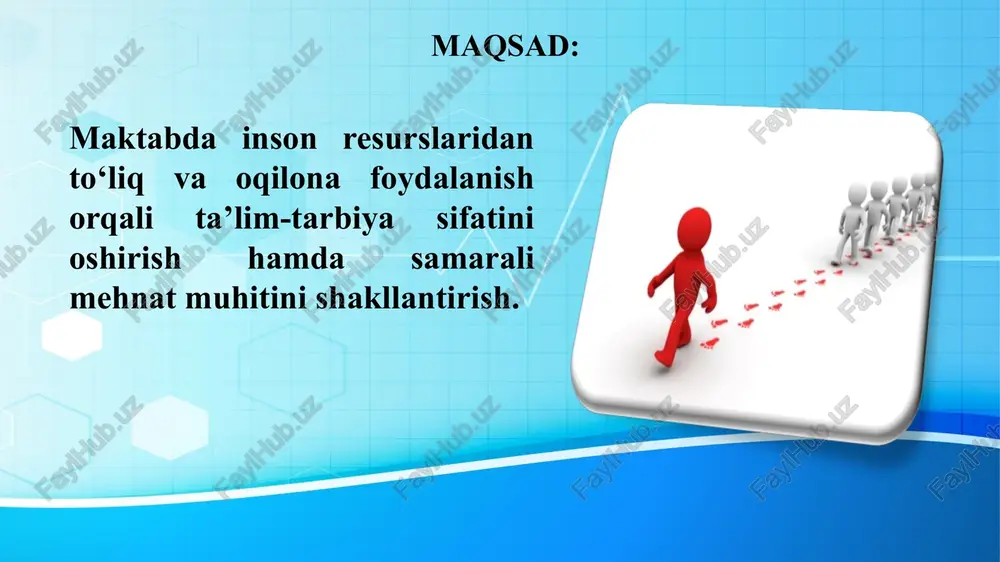 drlanadi. sentabr oyi 1-juma bayram kuni. o‘qituvchiga hurmatsizlik qilganlar jazolanmoqda. buni targ‘ibot qilish kerak 5. 5 yilda bir marta malaka oshirish. krk, krs tadbirlari. har yili 30 soatlik malaka oshiriladi. yangi o‘qituvchilar 1 yillik maxsus tayyorlovdan o‘tadi. 4 yilda bir marta 60 soat. birinchi yil ishga kirganlar maxsus malaka oshiradi. har yili 100 soat. kasbiy rivojanish kunlari bo‘ladi. hayot davomida o‘qish. har bir direktor nazoratni kuchaytirishi. № muammo muammoning yechimini amalga oshirish mexanizmi mas’ullar muddati kutilayotgan natija 1. maktab jamoasining har bir a’zosining salohiyatini aniqlash va to‘g‘ri yo‘naltirish. har bir xodimning qobiliyatidan kelib chiqib ishga jalb qilish, vazifa berish. maktab direktori, direktor o‘rinbosarlari. 2025-yil avgust va o‘quv yili davomida. har bir xodimga ish taqsimoti yaratiladi, mas’uliyat hissi oshadi. 2. kasbiy malaka va bilimni oshirish, kuchli intizom va daxldorlik hissi, qattiq nazorat. krk va krs tadbirlariga jalb etish, malaka oshirish kurslariga yuborish. qattiq nazorat o‘rnatish. maktab direktori, direktor o‘rinbosari. 2025-yil sentabr, …