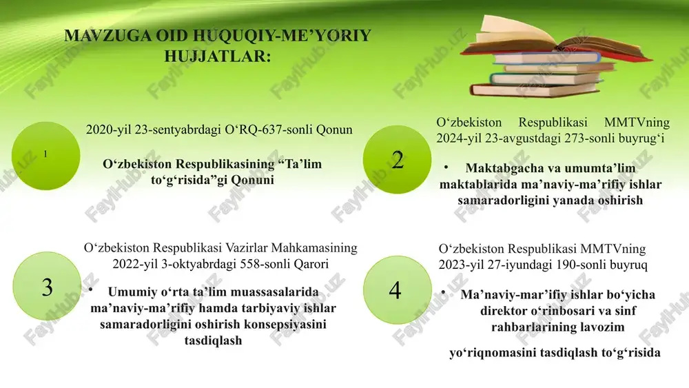 shirish uchun ma’naviy-ma’rifiy ishlar bo‘yicha direktor o‘rinbosarlarini milliy mafkuramizning maqsad va vazifalari yoritilgan qo‘llanmalar bilan ta’minlash. mavzuning qiyosiy tahlil etilganligi mavzu yuzasidan umumiy xulosa yoshlarimizni ma’naviy tahdidlardan himoyalash, ularda g‘oyaviy va axborot xurujlariga qarshi mafkuraviy immunitetni shakllantirishda ma’naviy-ma’rifiy ishlar bo‘yicha direktor o‘rinbosari faoliyatini samaradorligini oshirish bugungi kunning eng muhim vazifalaridandir. takliflar maʼnaviy-maʼrifiy ishlar samaradorligini oshirishda oav ishtirokini yanada kengaytirish va hamkorlikni ta’minlash maʼnaviy-maʼrifiy ishlarni tashkil etishda xorijiy tajribani muntazam o‘rganib borish va milliy qadriyatlarimizga mos holda amaliyotga tatbiq etish ma’naviy-ma’rifiy ishlari bo‘yicha direktor o‘rinbosarining faoliyatini monitoring qilib borish, natijalarga qarab ogohlantirish yoki rag‘batlantirish choralarini ko‘rish bo‘yicha kpi tizimi aniq mexanizmlarini ishlab chiqish direktor o‘rinbosarlari faoliyatiga ortiqcha aralashuvlarning oldini olishning huquqiy asosini yaratish 13 13 № mavjud muammo muammoning yechimi va amalga oshirish mexanizmi mas’ullar belgilangan muddat natija 1 maktabda o‘quv-tarbiya jarayonida “oila, mahall ta’lim muassasasi” o‘zaro hamkorligini yo‘lga qo‘yish muammolarni o‘rganish va bartaraf etish maqsadida ota-onalar va o‘quvchilar o‘rtasida so‘rovnomalar …
