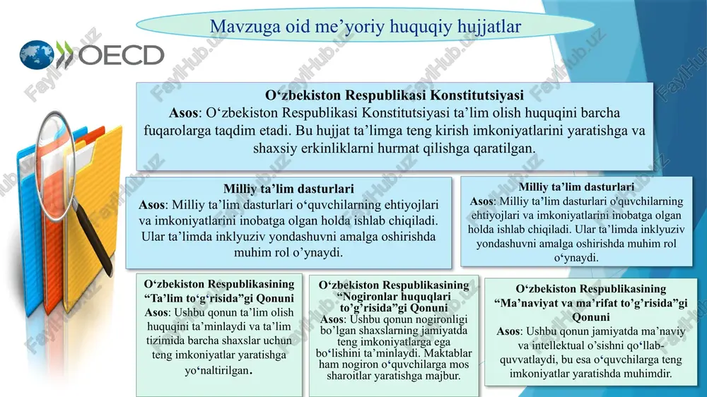lari mavjud. o‘zbekistonda maxsus ta’lim xizmatlarini rivojlantirish va ularni kengaytirish. o‘quvchilarga psixologik yordam berish tizimini kuchaytirish va stressni boshqarish dasturlarini joriy etish. maxsus ehtiyojlari bo‘lgan o‘quvchilar uchun ta’limda individual yondashuvni rivojlantirish. 3 maxsus ehtiyojlarga ega o’quvchilarni umumiy ta’lim tizimiga integratsiya qilish jarayoni hali ko’plab hududlarda amalga oshirilmagan. ba’zi shahar va hududlarda inklyuziv ta’limga moslashtirilgan maktablar mavjud, ammo bu tizimning kengayishi muammolidir. germaniyada- inklyuziv ta’lim tizimi asosida o‘quvchilarga individual yordam ko’rsatiladi. o‘qituvchilarni tayyorlash jarayonida maxsus ehtiyojlari bo’lgan o‘quvchilarga yondashuvda muhim e’tibor qaratiladi. o‘zbekistonda maxsus ehtiyojlarga moslashtirilgan o’quv rejalarini joriy etish va ularga asoslangan pedagogik yordam ko‘rsatish. o‘qituvchilarga psixologik yordam berish imkoniyatlarini kengaytirish. maktablarda psixologlar va pedagoglar sonini oshirish va ta’limda inklyuzivlikni kuchaytirish. 3 qiyosiy tahlil xulosa maktabdagi o‘zgarishlarga nisbatan individual to‘siqlarni bartaraf etish ta’lim tizimining samaradorligini oshirish, o‘quvchilarning teng imkoniyatlar asosida ta’lim olishini ta’minlash uchun juda muhimdir. har bir o‘quvchining o‘ziga xos ehtiyojlari inobatga olinishi kerak, bu orqali ta’limda shaxsiy yondashuv …