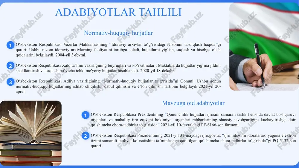 ruv: hukumat tomonidan maktab hujjatlari uchun yagona standartlar ishlab chiqilgan. - raqamlashtirish: ko‘pgina jarayonlar (davomat, baholar, ota-onalar bilan muloqot) maxsus elektron platformalar orqali boshqariladi. - elektron hujjatlar bazasi: o‘quvchilar haqidagi barcha ma’lumotlar (davomat, baholar, attestatsiyalar) raqamli platformalarda saqlanadi. o‘zbekiston tizimi ko‘proq jismoniy tekshiruvga asoslangan, arxiv hujjatlarini xorijdagidek avtomatik kuzatuv tizimida samarali rejalashtirish shart. qiyosiy tahlil etilganligi maktabda hujjatlar yig‘ma jildini shakllantirish va arxivda saqlash jarayoni — bu maktabning boshqaruv, o‘quv-tarbiyaviy va moliyaviy faoliyatini tartibli yuritish va tarixiy-huquqiy ahamiyatga ega bo‘lgan hujjatlarni saqlab qolishning muhim qismidir. tahlil natijalariga ko‘ra quyidagi xulosalar chiqarildi kuchli jihatlar huquqiy asoslar aniq va tartibli. har bir hujjat turining saqlash muddati belgilangan. buyruqlar va rasmiy hujjatlar qattiq nazorat ostida yuritiladi. kamchiliklar: hujjatlar ko‘p hollarda qog‘oz shaklda yuritiladi. raqamli arxiv tizimlari rivojlanish bosqichida. hujjatlarni qidirish va foydalanish jarayoni ko‘p vaqt oladi. takliflar: hujjatlarni to‘liq raqamli shaklga o‘tkazish va avtomatlashtirilgan tizimlarni joriy etish. shaxsiy ma’lumotlarni himoyalash va maxfiylik qoidalarini …