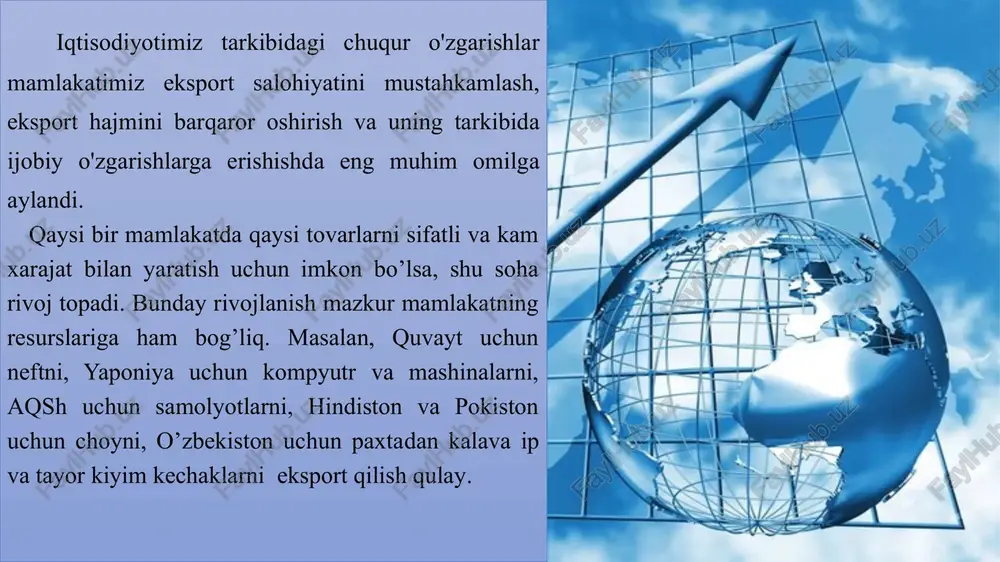 yaqin davlatlari bilan savdo aloqalarini olib bormoqda. tashqi savdo aylanmasining eng katta hajmi xxr (17,7%), rossiya federatsiyasi (15,5%), qozog’iston (8,3%), koreya respublikasi (5,9%), turkiya (5,9%), qirg’iziston ( 2,5%) va germaniya (2,3%). tashqi savdo prodaji 100 respublika toshkent surxondaryo 100 34.200000000000003 1.2 ryad 1 xxr rossiya qozoqiston koreya turkiya qirg'iston germaniya 17.7 15.5 8.3000000000000007 5.9 5.9 2.5 2.2999999999999998 2021yil yanvar holatiga mamlakatimizda tashqi savdoni qo‘llab-quvvatlash hamda mdh davlatlari bilan ushbu sohadagi hamkorlikni yanada mustahkamlash bo‘yicha olib borilayotgan chora-tadbirlar natijasida 2020 yil yanvar-avgust oylarida, viloyat tashqi savdo aylanmasida mdh davlatlarining ulushi 35,6 foizni tashkil etib, tashqi savdo aylanmasidagi ulushi 2018 yilga nisbatan 3,9 foizga oshgan. boshqa xorijiy davlatlarning tashqi savdo aylanmasi ham 2020 yil yanvar-avgust oylarida 2019 yilning shu davriga nisbatan 22,9 foizga kamaygan va jami tashqi savdo aylanmasidagi ulushi 64,4 foizni tashkil etgan. e’tiboringiz uchun tashakkur !!! image1.jpeg image2.jpeg image3.jpeg image4.jpeg image5.png image6.png image7.png image8.png image9.png microsoft_excel_worksheet.xlsx microsoft_excel_worksheet1.xlsx image10.jpeg image11.jpeg image12.emf …