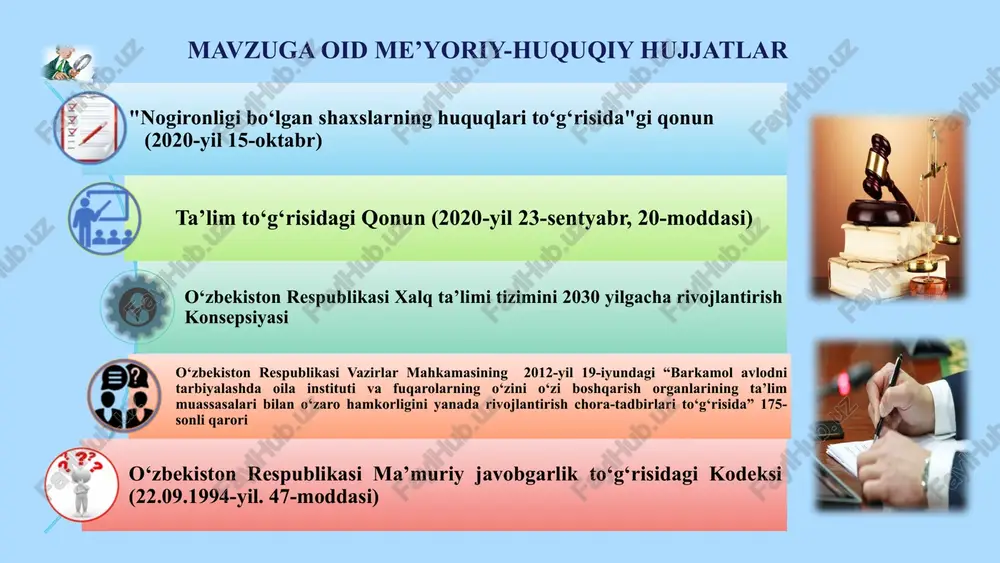 sh mumkin bo‘lgan qiziqarli ishlar taqvimini berish 10 xulosa: maktabda o’quvchilarni individual ehtiyojlarini hisobga olib ta’lim-tarbiya jarayonini tashkil etish uchun pedagoglar bir ko‘prikdir! individual ehtiyojlarga mos ta’lim tizimini rivojlantirish uchun: -har bir bola o‘z qobiliyatini to‘liq namoyon qilish, -jamiyatda faol va muvaffaqiyatli shaxsga aylanishi uchun imkoniyatlar yaratish, -intellektual va innovatsion rivojlanishiga katta hissa qo‘shish, -o‘quvchidan ishonch, -ta’lim va tarbiyada esa sifat, -maktabdan nazoratni muvofiqlashtirish muximdir. takliflar har bir o‘quvchining qobiliyat va ehtiyojlarini erta aniqlash uchun diagnostic testlar va kuzatuv markazlari(-maktabgacha ta’lim tashkiloti negizida) tizimlari joriy etish o‘quvchilarning individual ehtiyojlarini aniqlash tizimini takomillashtirish maxsus pedagoglar, psixologlar va ota-onalar bilan hamkorlikda individual ta’lim rejalari (itr) ishlab chiqish o‘quvchilarning qiziqishlarini aniqlash uchun psixologik baholash va qobiliyat testlari o‘tkazishni maktabgacha ta’lim tashkilotlaridan boshlash 12 chora-tadbirlar rejasi t/r muammo amalga oshirish mexanizmi mas’ullar muddati kutiladigan natija 1. sinf rahbar o’quv yiili boshidan reja asosida xafta kunlarini bo’lgan xolda o‘quvchilar ota yoki onalari va psixolog ishtirokida …