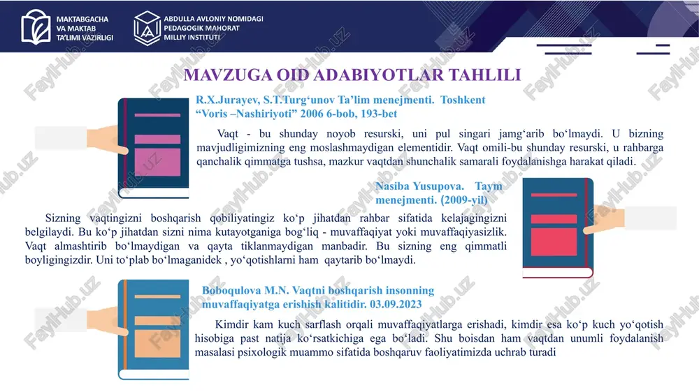 ektori boshqaruv faoliyatining muhim tarkibiy qismidir. zamonaviy boshqaruvda samarali vaqt taqsimoti orqali tashkilotning maqsadlariga qisqa va aniq erishish mumkin. vazifalarni jamoa a’zolari o‘rtasida taqsimlash ish yukinni yengillashtiradi va muammolarni tez hal etishga yordam beradi. takliflar maktab direktorining kunlik, haftalik va oylik rejalashtirish tizimini joriy qilish stress va charchoqning oldini olish uchun dam olish vaqtini ham rejalashtirish vaqt menejmenti bo‘yicha maktab direktorlar uchun treninglar tashkil etish muammo muammoning yechimini amalga oshirish mexanizmi mas’ullar muddati natija maktab direktori ustuvor vazifalarni belgilamaslik va tartibsiz ish yuritish. 1.har hafta boshida asosiy maqsad va vazifalarni aniqlash. 2.ularni dolzarblik darajasiga ko'ra 1-darajali (shoshilinch va muhim), 2-darajali (muhim, lekin shoshilinch emas), 3-darajali (kam ahamiyatli) guruhlarga ajratish. maktab direktori o‘ibdo‘ mmibdo‘ psixolog 2024-2025-o‘quv yili 01.04.2025 ustuvor vazifalarga e'tibor qaratiladi va ish jarayonining izchil va tizimli tashkil etilishiga erishiladi. raqamli rejalashtirish vositalaridan vaqtni rejalashtirishda yetarlicha foydalanmaslik. 1.google calendar yoki shunga o‘xshash raqamli rejalashtirish vositalaridan foydalanish. 2.muhim uchrashuv va tadbirlar …