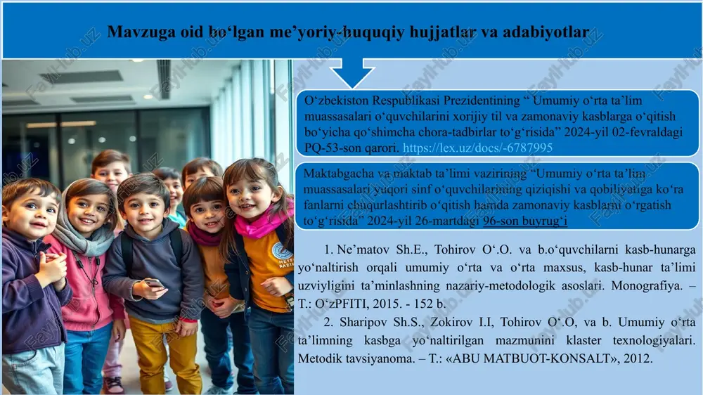 axassislar – kasbga yo‘naltirish bo‘yicha maslahatchilar hisoblanadi. "ishga marhamat" monomarkazlari faoliyatini yanada rivojlantirish, 3 yurtimizda “ustoz-shogidlik” an’analari yaxshi saqlanib qolganligi ham yoshlarning kasb hunar egallashi uchun hizmat qilmoqda . finlandiyada har bir maktabda professional kariyer maslahatchilari o‘quvchilar bilan individual va guruhli uchrashuvlar o‘tkazib, ularga mos kasblar haqida ma’lumot berishadi. ustoz shogirdlik milliy an’analarimizni yanada rivojlanish xulosa maktablarda o‘quvchilarni kasbga yo‘naltirish bo‘yicha zarur shart-sharoitlar yaratilsa, ular o‘z qobiliyatiga mos kasbni tanlash imkoniyatiga ega bo‘ladilar. toʻgʻri kasb tanlash oʻquvchilar hayotidagi eng muhim qarorlardan biridir.chunki inson oʻzi yoqtirgan ish bilan shugʻullansa, oʻzini baxtli his qiladi va kasbida yuqori natijalarga erishadi. bu nafaqat shaxsiy muvaffaqiyatga, balki jamiyat taraqqiyotiga ham katta hissa qoʻshadi. 01 02 03 takliflar muvaffaqiyatli insonlar bilan uchrashuvlar: motivatsiya va tajriba almashinuvi. o‘quvchilarni kasb-hunarga o‘qitish amaliyoti joriy etilgan umumiy o‘rta ta’lim muassasalar sonini ko‘paytirish. kelajakka yo‘l: o‘quvchilar uchun kasbiy ekskursiyalar. chora-tadbirlar dasturi № chora – tadbirlar nomi amalga oshirish mexanizmi muddati moliyalashtirish …