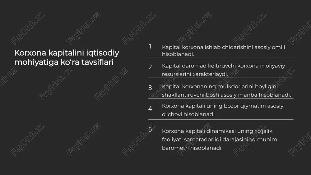 na faoliyatini yuqori yakuniy natijalarini shakllantirish shartini ahamiyatli darajasi foydalaniladigan kapital tarkibidan iborat. korxona mulkining tashkil topish manbalari. korxona mulkining tashkil topish manbalariga ko‘ra ikkiga bo‘linadi o‘z mablag‘larining manbai va majburiyatlarga . o‘z mablag‘larining manbai korxona ta’sischilar tomonidan kiritilgan va ishlab topilgan mablag‘laridan tashkil topadi. ularga quyidagilar kiradi: ustav kapitali, qo‘shilgan va zahira kapitalidan, hamda taqsmlanmagan foyda. ustav kapitali — ta’sis xujjatlarda belgilangan xissalarning (pul ifodasida) yig‘indisidir. zahira kapitali mol—mulkni qayta baholash chog‘ida xosil bo‘ladigan inflyatsiya zahiralarini, shuningdek tekinga olingan mol—mulk qiymatini aks ettiradi. taqsimlanmagan foyda — foydaning jamg‘arilayotganini ifodalaydi va mulkdorlarning qaroriga binoan ustav kapitaliga qo‘shilishi mumkin. maqsadli tushumlar — ma’lum bir maqsadlar uchun kelib tushayotgan pul mablag‘lari kiradi. zahiralar — hisobot yilida korxona tomonidan kelgusi xarajatlar va to‘lovlarni amalga oshirish va ularni ishlab chiqarayotgan mahsulot tannarxiga bir maromda qo‘shib borish uchun ichki imkoniyatlar hisobidan tuziladigan jamg‘armalardir. korxona majburiyatlari bo‘lib korxonaning jalb qilingan mablag‘lari kiradi. ular o‘z vaqtida ikkiga …