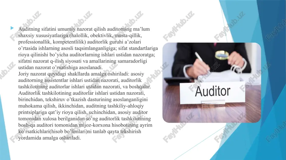 illik to’grisidagi arizani imzolashlarini talab qilishi mumkin. xizmatchilarga topshiriqlar. qoida va amallar ishlarning maxsus tayyorgarlik va tajribaga ega shaxslar tomonidan bajarilishi haqida asosli ishonchni ta’minlashlari lozim. ushbu talabni bajarish uchun auditorlik tashkiloti ishlarni oldindan, o’z xizmatchilari uchun mos topshiriqlarni aniqlay oladigan qilib rejalashtirishi kerak. konsultatsiyalar. qoida va amallar auditorlik tashkilotlarining xizmatchilari texnik masalalar bo’yicha bilimdon va obro’li kishilardan yordam olishga intilishlari asosli ishonchni ta’minlashlari lozim. ushbu talabni bajarish uchun auditorlik tashkiloti muayyan shaxslarni audit, buxgalteriya hisobini yuritish va moliyaviy hisobot, soliqqa tortish va konsultatsiya xizmatlari kabi sohalarda auditorlik tashkilotining eksperti qilib tayinlashi mumkin. nazorat.qoida va amallar auditorlik tashkilotining joriy faoliyati unda o’rnatilgan sifat standartlariga javob berishi haqida asosli ishonchni ta’minlashlari lozim. auditorlik tashkilotining nazorat amallarini o’rnatishi uchun javobgarligi, audit o’tkazuvchi, rejalashtirish va kontrakt bo’yicha muayyan majburiyatlarni, bajaruvchi muayyan shaxslar javobgarligidan alohida ajratilgan. ushbu nazorat talabini bajarish uchun auditorlik tashkiloti barcha ish hujjatlarini, hisobotlarni talab qilishlari va ularni tekshirish uchun tegishli …