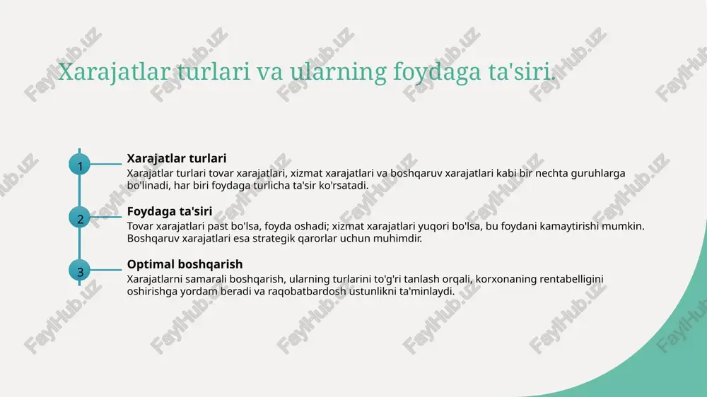 ni ta'minlaydi va raqobatbardoshligini oshiradi. ishlab chiqarish hajmi va strategik qarorlar: bog'lanishlar. 1 ishlab chiqarish hajmi ishlab chiqarish hajmi, tashkilotning mahsulot yoki xizmatlar ishlab chiqarish miqdorini belgilaydi. bu ko'rsatkich rentabellik va xarajatlarni baholashda muhimdir. 2 strategik qarorlar strategik qarorlar, kompaniyaning kelajakdagi yo'nalishini belgilaydi. ishlab chiqarish hajmi bu qarorlarni amalga oshirishda asosiy omil bo'lib xizmat qiladi. 3 bog'lanishlar ishlab chiqarish hajmi va strategik qarorlar o'rtasidagi bog'lanishlar, xarajatlar va foyda muvozanatini ta'minlaydi, bu esa samarali boshqaruvga olib keladi. ko'rsatkichlar orqali rentabellikni oshirish usullari. 1 xarajatlarni tahlil qilish xarajatlarni chuqur tahlil qilish orqali samaradorlikni oshirish mumkin. bu jarayonda xarajatlar turini aniqlab, foydani maksimal darajada oshirishga erishiladi. 2 ishlab chiqarish optimallashuvi ishlab chiqarish jarayonini optimallashtirish, xarajatlarni kamaytirish va rentabellikni oshirish uchun muhimdir. bu, resurslardan samarali foydalanishga yordam beradi. 3 strategik ko'rsatkichlar strategik ko'rsatkichlar orqali rentabellikni oshirish, rejalashtirish va qaror qabul qilish jarayonlarida muhim rol o'ynaydi. bu ko'rsatkichlar asosida muvaffaqiyatli strategiyalar ishlab chiqiladi. xarajatlar va …