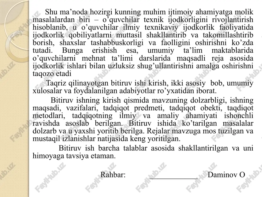 h. 2. didaktika haqidagi bilimlarning ilg’or tajribalarni o’rganishdagi ahamiyati. 3. pedagogik faoliyatda ilg’or pedagogik tajribalarni ommalashtirish. iii.xulosa foydalanilgan adabiyotlar ro`yxati. kirish 1.mavzuning dolzarbligi. ma’lumki, har bir millat tarix va zamon voqyealarining faol ishtirokchisiga aylanar ekan, uning jahon sivilizasiyasi yoki mamlakatdagi maqyei va obro’ – e’tibori doimo shu millatning salohiyati- aqliy, ma’naviy potensialiga bog’liq bo’lib qoladi. shuning uchun ham, mamlakat kelajagi uning ta’lim tizimining rivojlanganligi darajasi bilan belgilanadi. o’zbekiston respublikasi prezidentining qaroriga asosan, ―barkamol avlod‖ davlat dasturi tasdiqlandi. ushbu dastur 2010- yilning ―barkamol avlod yili‖ deb e’lon qilinganligi munosabati bilan yoshlarning manfaati va huquqlarini himoya qilish sohasidagi yetilgan muammolarni o’z vaqtida hal etish, uzluksiz ta’lim tizimida islohotlarni yanada chuqurlashtirish, real iqtisodiyotga va mamlakatning barcha hayot sohalarida ta’lim muassasalari tomonidan tayyorlanadigan mutaxassis-larga bo’ladigan talabni ta’minlash maqsadini ko’zda tutadi. uzluksiz ta’lim tizimini amalga oshirish jarayonida ko’ngildagidek o’qitish va tarbiyalash haqida gap borar ekan, bunday g’oyat murakkab va ko’p qirrali vazifani faqat yuksak malaka …