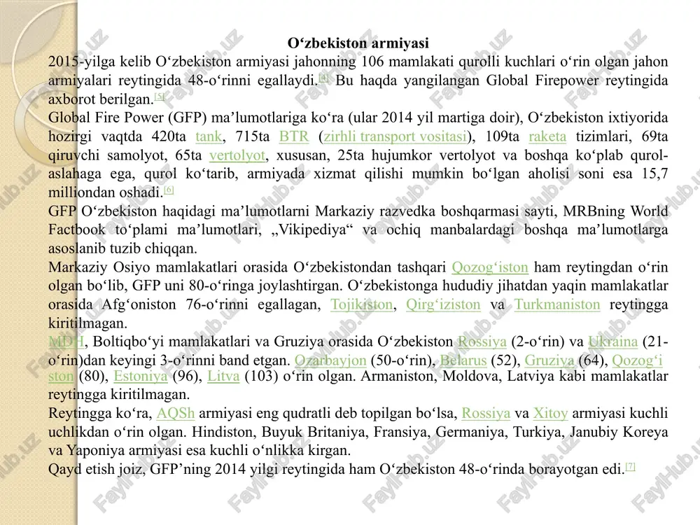 1992 yil 18 mayda „oʻzbekiston respublika hududida joylashgan havo desanti qoʻshinlari, harbiy transport aviatsiyasi, razvedka qoʻshinlari, taʼminot qismlari haqida“gi farmon bilan bu qoʻshinlar respublika tasarrufiga oʻtkazildi. oʻzr prezidentining 1992 yil 12 noyabrdagi „oʻzbekiston respublikasi hududida joylashgan havo hujumiga qarshi harbiy qismlar haqida“gi, 13 noyabrda „oʻzbekiston respublikasi hududida joylashgan kimyoviy harbiy qismlar haqida“gi farmonlari bilan mamlakatimiz hududida joylashgan mazkur turlardagi qoʻshinlar respublika tasarrufiga olindi va sifat jihatidan takomillashtirildi. shu tarzda mustaqil mamlakat qurolli kuchlarini barpo etishning tashkiliy davri yakunlandi. oʻzbekiston respublikasi oʻz qurolli kuchlarini tuzishda birlashgan millatlar tashkiloti (bmt)ning huquqiy meʼyorlari, yevropada xavfsizlik va hamkorlik boʻyicha xelsinki yakunlovchi akti, mdh kollektiv xavfsizlik shartnomasi kabi xalqaro hujjatlarning barcha talablariga rioya qildi. oʻzbekiston respublikasi prezidentining 1992-yil 3-iyuldagi farmoniga muvofiq, mudofaa ishlari vazirligi mudofaa vazirligiga aylantirildi. oʻzbekiston respublikasining „mudofaa toʻgʻrisida“, „umumiy harbiy majburiyat va harbiy xizmat toʻgʻrisida“ hamda „muqobil xizmat toʻgʻrisida“gi qonunlari qabul qilindi. 1993-yilning 22-noyabrda „oʻzbekiston respublikasi qurolli kuchlari harbiy qismining jangovar bayrogʻi …