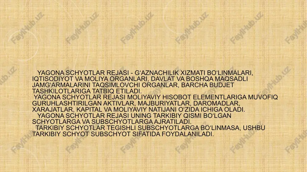 asosida yuzaga keladigan majburiyatlar; hisob-kitoblar markazi — o‘zida yagona g‘azna hisobvarag‘ini hamda ichki hisob-kitob markazlarini qamrab olgan, yagona g‘azna hisobvarag‘iga mablag‘larni kirim qilinishini, xarajatlarini amalga oshirilishini va qaytarilishini hamda ichki hisob-kitob markazlari orqali g‘aznachilik bo‘linmalarining bir filialini ichida hamda filiallari o‘rtasida to‘lovlarni amalga oshirilishini ta’minlovchi axborot tizimi; hisoblangan daromadlar — budjet tizimi budjetlariga yoki boshqa budjetdan tashqari jamg‘armalarga o‘tkazib berilishi hisobga olingan daromadlar; hisoblangan xarajatlar — budjet tizimi budjetlari va boshqa budjetdan tashqari jamg‘armalari mablag‘laridan g‘aznachilik bo‘linmalarida hisobga olingan moliyaviy majburiyatlar; hisoblangan haqiqiy xarajatlar — budjet tashkilotlari tomonidan budjet yoki budjetdan tashqari mablag‘lar bo‘yicha hisoblangan xarajatlar; hisoblash metodi — buxgalteriya hisobida sodir bo‘lgan barcha operatsiyalar va boshqa hodisalar, ular sodir bo‘lgan paytda qayd etiladigan (pul mablag‘lari va uning ekvivalenti kelib tushgan yoki to‘lanishidan oldin) buxgalteriya hisobi metodi. budjet tizimi budjetlarining va boshqa budjetdan tashqari jamg‘armalarning budjet hisobida yagona schyotlar rejasini qo‘llash tartibi yoki rejasi: 1-bob joriy aktivlar (100 000 – …