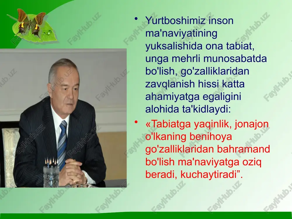 levizor ekranidan, radio, gazeta va jurnallar orqali deyarlik har kuni sayyoramizning u yoki bu burchagida sodir bo'layotgan ekologik falokatlar haqida noxush xabarlar kelib turibdi: — atmosfera havosi global darajada isimoqda, — antarktidadagi muzliklar emirilib, erib ketmoqda, — ba'zi mamlakatlarda suv toshqinlari sodir bo'lmoqda, — okean suvlarini isishidan to'fonlar paydo bo'lmoqda, — ozon tuynugi borgan sari kengaymoqda, — ichimlik suvi kamayib bormoqda, — o'rmonlar maydoni qisqarib bormoqda… bunday ekologik o'zgarishlar inson hayotiga ham ta'sir ko'rsatmoqda, chunki inson va barcha tirik organizmlar ma'lum sharoitda yashashga moslashganlar. shuningdek, har bir mamlakat o'zini sharoitiga ko'ra, ma'lum bir qishloq xo'jalik strukturasiga ega. hozirgi davrda tabiatda sodir bo'layotgan ekologik katoklizmalar (falokatli hodisalar) nafaqat tabiiy omillar asosan antropogen omillar ta'sirida sodir bo'layapti. hozirgi davrda yashab turgan kishilar tabiatdagi global darajadagi ekologik o'zgarishlarni shohidi bo'lmoqdalar. ularning bir qismi tabiiy omillar (quyosh) ta'sirida sodir bo'layotgan bo'lsa, ikkinchi tomondan antropogen omillar ta'sirida ekologik falokatlar sodir bo'layapti. atrof muhid ifloslanishining sababi. …