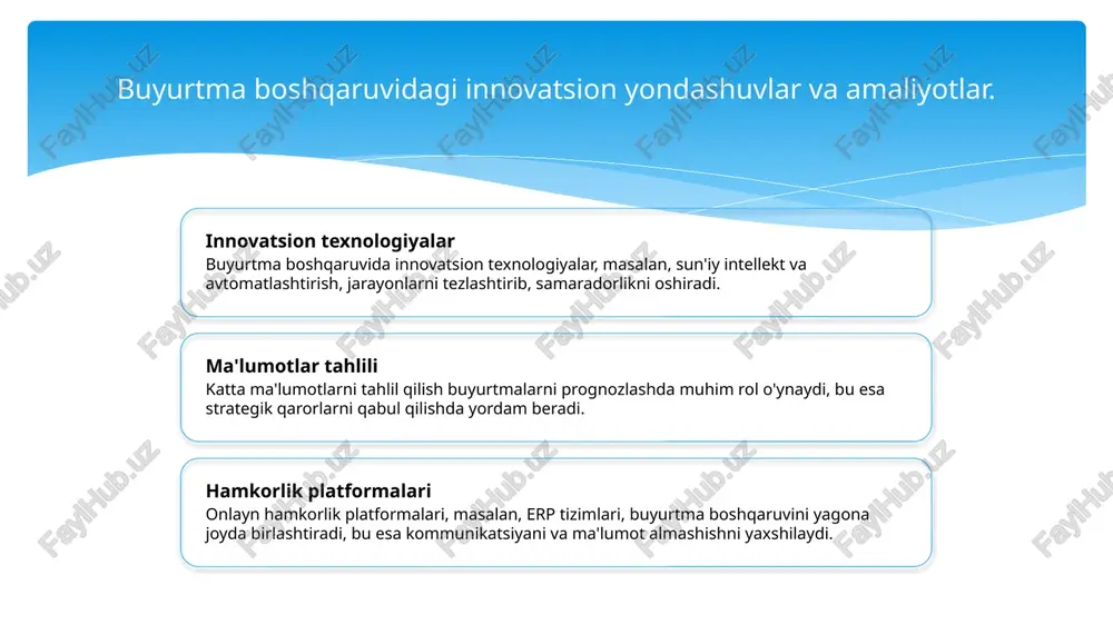 dagi resurslarni samarali taqsimlash uchun monitoring va nazorat tizimlari joriy etilishi zarur. bu, muammolarni oldini olishga va resurslardan oqilona foydalanishga yordam beradi. buyurtmalarni boshqarishda jarayonlarni optimallashtirish. 1 jarayonlarni tahlil qilish - buyurtma boshqaruvidagi jarayonlarni tahlil qilish, muammolarni aniqlash va samaradorlikni oshirish uchun zarur. bu, natijalarni yaxshilashda asosiy bosqich hisoblanadi. 2 avtomatlashtirish texnologiyalari - buyurtma boshqaruvidagi jarayonlarni avtomatlashtirish, ish jarayonlarini tezlashtiradi va xatoliklarni kamaytiradi. bu innovatsion yondashuv, ish samaradorligini oshirishga yordam beradi. 3 jarayonlarni optimallashtirish - jarayonlarni optimallashtirish, resurslardan samarali foydalanishga imkon beradi. ushbu jarayon, xarajatlarni kamaytirish va xizmat ko‘rsatish sifatini oshirishga qaratilgan. amaliy samaradorlikni oshirish uchun trening va rivojlantirish dasturlari. 01 treningning ahamiyati treninglar, xodimlarning malakasini oshirib, amaliy samaradorlikni yuksaltirishda muhim rol o'ynaydi, bu esa tashkilotning umumiy natijalariga ijobiy ta'sir qiladi. 02 rivojlantirish dasturlari rivojlantirish dasturlari, xodimlarni yangi texnologiyalar va strategiyalar bilan tanishtirib, ularning ish jarayonlarini samarali boshqarish imkoniyatini yaratadi. 03 o'lchov va baholash o'lchov va baholash metodlari, trening va …