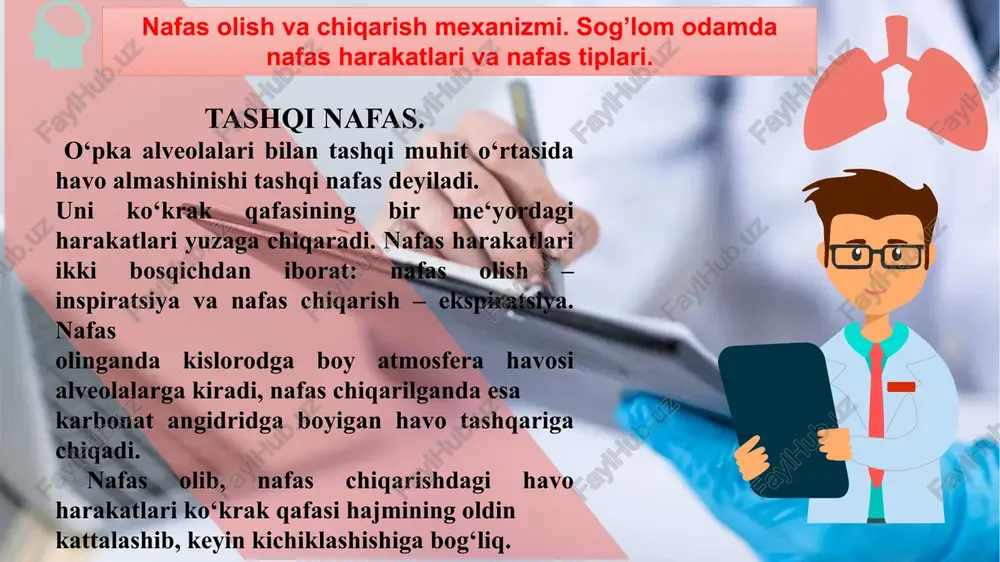 di. tirik organizmda ham nafas olish plevra bo‘shlig‘ida manfiy bosim bo`lishiga bog‘liq. u elastik kuchlar ta‘sirida kelib chiqadi. o‘pkaning elastik tortish kuchi o‘pka to‘qimasi elastik tolalarining taranglashishi va alveolalarni ichidan qoplagan modda – surfaktantning yuza tarangligiga bog‘liq. o‘pkaning elastik tortish kuchi o‘pka hajmini kamaytirishga qaratilgan. shuning uchun ko‘krak qafasi ochilishi bilan o‘pka bujmayib, bo‘shliqning faqat 1/3 hajmini egallaydi.. o‘pkaning elastik tortish kuchi hosil qiladigan manfiy bosimni bbevosita aniqlash mumkin. buning uchun plevra bo‘shlig‘iga kiritilgan igna yoki naychani manometrga ulash kerak. osoyishta nafas olganda plevra bo‘shlig‘idagi manfiy bosim 6 mm.s.u., nafas chiqarganda 3 mm.s.u. ga teng bo`ladi. juda chuqur nafas olganda bu bosim 20 mm.s.u. ga yetishi mumkin. o‘pkaning elastik tortish kuchi asosan alveolalarning ichki yuzasini 20-100 nm qalinlikda qoplagan fosfolipid – surfaktantga bog‘liq. bu moddani maxsus pnevmotsitlar ishlab chiqaradi. surfaktant alveolalar devorini yopishib qolishdan saqlaydi. alveolalardagi bosim nafas to‘xtaganda atmosfera bosimiga teng. nafas olish muskullari qisqarib, ko‘krak qafasi va o‘pka …