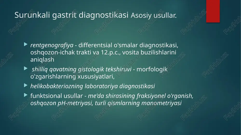 gel, maalox, fosfalugel va boshqalar, xolestiramin 4-6 g / kun, ursodeoksixol kislotasi sitoprotektorlar - venter (sukralfat) 0,5-1,0 dan kuniga 3 marta, de-nol 0,24-3 marta / kun. 23 hcg uchun dori bo'lmagan terapiya fizioterapiya : novokain, platifillin, kerosin, ozokerit va boshqalar bilan elektroforez, sinusoidal oqimlar va elektromagnit to'lqinlar (atrofik gastrit) o'simlik dori ( atrofik gastrit ) chinor, romashka, yalpiz, seynt jonning ziravorlari, plantaglyutsid sanatoriy-kurort davolash : turli mineralizatsiya mineral suvlari (oshqozonning kislotaligiga qarab) jeleznovodsk, essentuki, krasnousolsk va boshqalar. 24 surunkali gastritning oldini olish ratsional ovqatlanish (sifat, chastota, muvozanat, rejim) helikobakteriozning oldini olish bo'yicha maishiy tadbirlar hpni o'z vaqtida aniqlash va yo'q qilish 25 surunkali gastrit bilan prognoz va ishlash qobiliyati atrofik bo'lmagan gastrit bilan bu odatda qulaydir . ish qobiliyati saqlanib qolgan, ammo kuchayishi davrida u biroz cheklangan bo'lishi mumkin. atrofik gastrit va menetrier kasalligi bilan malign o'smaning yuqori ehtimoli bor. 26 image6.png image7.png image8.png image9.png image10.png image11.png image12.png image13.png image2.png …