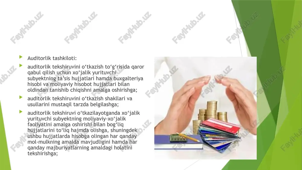 iga binoan taqdim etishi; auditorlik xizmatlarini ko‘rsatish chog‘ida olingan axborotning maxfiyligini ta’minlashi; auditorlik tekshiruvi natijalarini auditorlik faoliyati standartlariga muvofiq rasmiylashtirishi va auditorlik xulosalarining nusxalarini auditorlik tashkilotida kamida besh yil saqlashi; o‘tkazilgan majburiy auditorlik tekshiruvlari to‘g‘risidagi axborotni xo‘jalik yurituvchi subyektning identifikatsiya ma’lumotlarini va auditorlik xulosasini ko‘rsatgan holda o‘z rasmiy veb-saytlariga yoki auditorlar respublika jamoat birlashmalarining rasmiy veb-saytlariga joylashtirishi; auditorlik tashkilotlari renkingini o‘tkazish uchun axborot taqdim etishi; buxgalteriya hisobi to‘g‘risidagi qonunchilikning aniqlangan buzilishlari to‘g‘risida yoki korrupsiyaga oid huquqbuzarliklarni aniq tasdiqlovchi faktlar haqida xo‘jalik yurituvchi subyektning rahbariyatini va korporativ boshqaruv uchun mas’ul bo‘lgan shaxslarni, audit qo‘mitasini yozma shaklda xabardor qilishi; auditorlar ishi sifatining ichki nazorat tizimini o‘rnatishi va unga rioya etishi; auditorlik tashkilotining ishi sifatini tashqi nazoratdan o‘tkazishga monelik qilmasligi; o‘z pochta manzili va elektron manzili o‘zgarganligi to‘g‘risida, auditorlik tashkilotining rahbari almashganligi va (yoki) auditorlar tarkibi o‘zgarganligi haqida vakolatli davlat organini besh kunlik muddatda yozma yoki elektron shaklda xabardor qilishi; oldingi tahrirga qarang. …