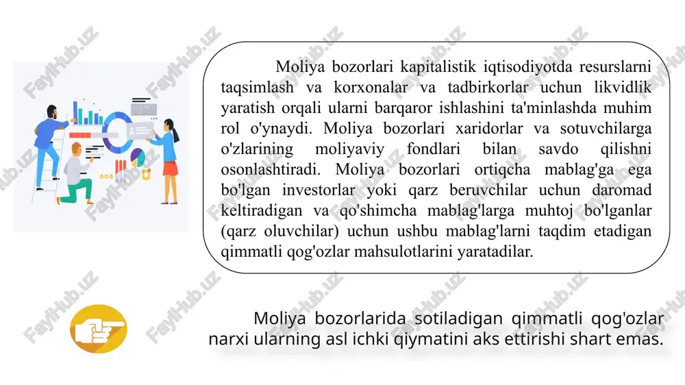ni sug'urtalash xedjerlash fyuchers shartnomasi asosida o’tilayotgan xaridlar (sotuvlar) yo'li bilan birjada amalga oshiriladi. swoplarni qo’llashdan asosiy maqsad foiz stavkalarini, valyuta kurslarini, tovarlarni narxlarini, aktsiyalarga investitsiyalarni va boshqa instrumentlar bilan bog’liq bo’lgan risklarni xedjirlash va foyda olishdan iborat. moliya bozori funksiyalari narxlarni aniqlash turli fondlarni mobizatsiya qilish pul va vaqtni tejash likvidlilikni kafolatlash risklarni taqsimlash kapital haqida ma’lumot berish moliya bozorini modellari insayderlik modeli outsayderlik modeli bugungi kunda global moliya bozorining hajmi 294 trln dollarni tashkil qiladi. bunda eng katta ulush kapital bozori 69 trln, va qarz bozori 58 trln dollarga to’g’ri keladi qimmatli qog‘ozlar — hujjatlar bo‘lib, ular bu hujjatlarni chiqargan yuridik shaxs bilan ularning egasi o‘rtasidagi mulkiy huquqlarni yoki qarz munosabatlarini tasdiqlaydi, dividendlar yoki foizlar tarzida daromad to‘lashni hamda ushbu hujjatlardan kelib chiqadigan huquqlarni boshqa shaxslarga o‘tkazish imkoniyatini nazarda tutadi. qimmatli qog‘ozlarning qiymati o‘zbekiston respublikasi milliy valyutasida ifodalanadi; qimmatli qog‘ozlar bozori — yuridik va jismoniy shaxslarning qimmatli qog‘ozlarni …