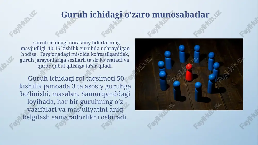 namoyishlar va noroziliklar, ma'lum bir guruhning manfaatlarini himoya qilish yoki ijtimoiy adolatsizlikka qarshi kurashishga qaratilgan. guruh madaniyati va qadriyatlari 1990 yillardan keyingi davrda, ayniqsa toshkent shahri kabi yirik shaharlarda, guruh madaniyati va qadriyatlarining global ta'sirlarga moslashuvi va 3 ta asosiy milliy bayram ta'siri kuzatilgan. guruh madaniyati, misol uchun, o'zbekistonning 5 ta viloyatidagi 200 dan ortiq qishloq jamoalarida o'rganilgan bo'lib, ularning o'ziga xos an'ana va qadriyatlarini saqlab qolishda muhim rol o'ynashi aniqlangan. guruhning ijtimoiy muammolarni hal qilishdagi ishtiroki toshkent shahridagi nodavlat tashkilotlarning 30% i ijtimoiy himoyaga muhtoj oilalarga yordam beruvchi 5 dan ortiq guruhlarni qo'llab-quvvatlaydi, bu esa 2000 dan ortiq odamga yordam berish imkonini beradi. samarqanddagi "barkamol avlod" yoshlar guruhi 2023-yilda 150 dan ortiq yoshga oid jinoyatchilikni oldini olish bo'yicha dasturlarni amalga oshirdi, natijada hududda yoshlar orasidagi jinoyatchilik 10% ga kamaydi. guruh bosimi va ijtimoiy nazorat ijtimoiy nazorat mexanizmlari, 50% dan ortiq holatlarda, oila va mahalla tuzilmalari orqali amalga oshirilib, noqonuniy …
