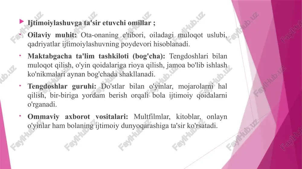 jtimoiy yetukligini ko'rsatadi. ota-onalar va tarbiyachilar uchun tavsiyalar; to'g'ri namuna bo'lish: kattalar o'zaro muloqotda hurmat va sabr-toqatni namoyish etishlari kerak. o'yin muhitini yaratish: bolalarni birga o'ynashga undash, ular uchun qiziqarli o'yinlarni tashkillashtirish. his-tuyg'ularni muhokama qilish: bolaning tuyg'ularini nomlashga yordam berish ("sening xafa bo'layotganingni tushunaman..."). ijtimoiylashuvga imkoniyat berish: bolalarni boshqa bolalar bilan uchrashishga undash (bog'cha, o'yin maydonchasi, do'stlar uyi). xulosa maktabgacha yosh – bolaning kelajakdagi ijtimoiy hayoti uchun poydevor qo'yiladigan davr. sog'lom ijtimoiylashgan bola maktabga oson moslashadi, yangi bilim va ko'nikmalarni tez o'zlashtiradi. kattalarning vazifasi – bolaning bu murakkab, ammo qiziqarli jarayonda to'g'ri yo'nalish olishiga yordam berish. e’tiboringiz uchun rahmat. /docprops/thumbnail.jpeg