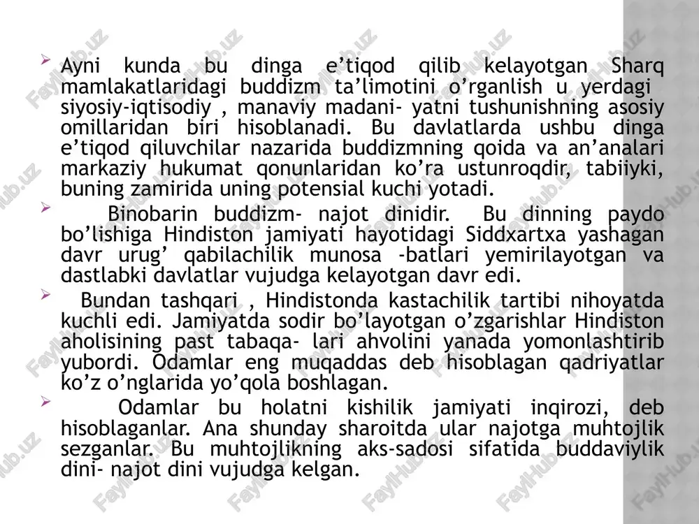 lantirib qo’yilgan. ko’p o’tmay siddxartxa o’g’illik bo’ladi. siddxartxa 22 yoshigacha ana shunday shohona hayot kechirgan. bir kuni siddxartxa sayr etgani ko’chaga chiqqanida hayot u o’ylagan- dek emasligini guvohi bo’lgan. u yo’lda butun tanasiga yara toshib ketgan bir qari cholni, kasal yotgan bir odamni, bir oz yurgach esa, o’lib yotgan odam jasadini ko’radi. bu hodisalar uning dunyoqarashini butunlay o’zgar -tirib yuboradi. shu tariqa, siddxartxa jonzodlarning muqarrar azob chekishini bilib oladi. endi uning xayolini hayotning mohiyati, mazmuni, mashaqqatlari haqidagi o’ylar egallaydi. u bu hayot behuda degan xulosaga keladi va bir kuni hech kimga bildirmay saroyni tark etadi. bu dunyo lazzatlaridan voz kechib, tarkidunyochilik hayotini boshlaydi. ayni paytda, u odamlarni hayot azob- uqubatalridan qutqarish yo’llarini izlaydi. 7 yil davomida mavjud muqad -das kitoblarni o’rganadi. ular asosida mushohada yuritadi va nihoyat, najot yo’lini topadi. u bu yo’lni “hayot haqiqati” deb ataydi. 29 yoshli siddxartxa shahar va qishloqlar kezib, bu yo’l mohiyatini targ’ib etishga kirishadi. …