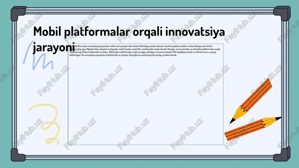 tajriba yaxshilashda muhim rol o'ynaydi. o'zbekiston iqtisodiyotida raqamli transformatsiya jarayonida mobil platformalarning kelajagi juda katta, bu innovatsion texnologiyalarni rivojlantirish uchun yangi imkoniyatlar yaratadi. foydalanilgan adabiyotlar 1. jumayev, a. m. mobil platformalar va innovatsiyalar: iqtisodiy ta'sir va rivojlanish istiqbollari. iqtisodiyot va innovatsion texnologiyalar jurnali, 2022 2. rahmonov, s. a. axborot tizimlarida mobil texnologiyalar: afzalliklar va imkoniyatlar. axborot texnologiyalari va tizimlari konferensiyasi, 2023 3. murodov, r. a. mobil platformalar va iqtisodiy o'sish: o'zbekiston misolida. o'zbekiston iqtisodiyoti jurnali, 2021 4. ismoilov, d. f. mobil texnologiyalar va raqobatbardoshlik: o'zbekiston tajribasi. innovatsion rivojlanish va iqtisodiy o'sish jurnali, 2022 5. siddiqov, b. m. mobil platformalarning rivojlanish istiqbollari: innovatsion texnologiyalar va raqamli transformatsiya. raqamli iqtisodiyot va innovatsiyalar jurnali, 2023 e'tiboringiz uchun rahmat! image1.png image2.png image3.png image4.png image5.png image6.png image7.png image8.png image9.png image10.png image11.png image24.jpg image18.png image19.png image20.png image21.png image22.png image23.png
