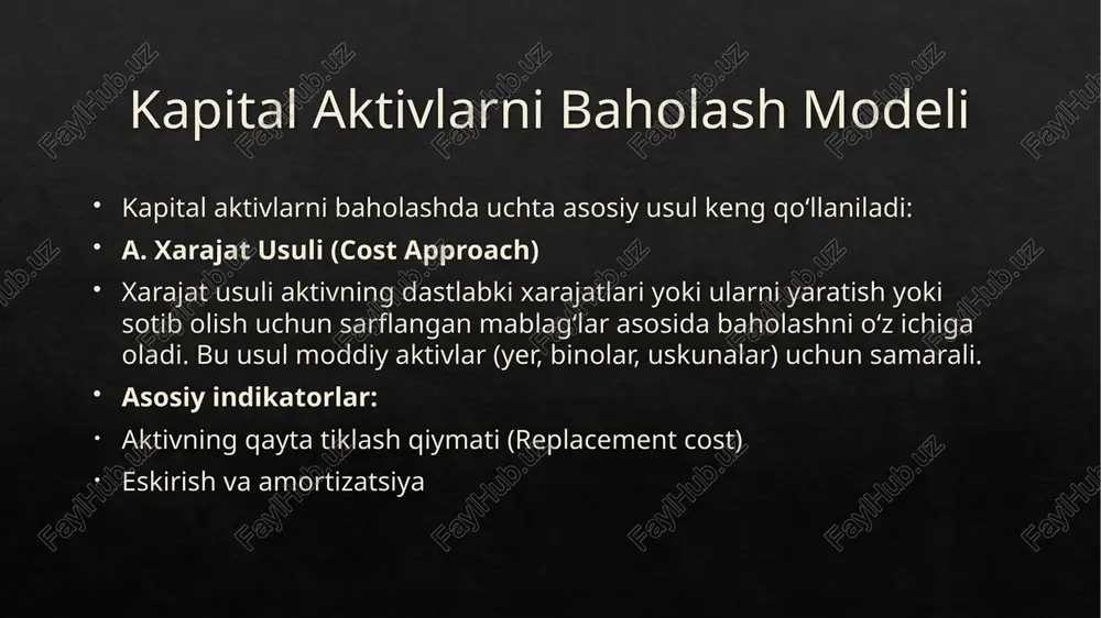 hog’ida tanlangan soliq solish tartibini ko’rsatish orqali aylanmadan olinadigan soliqni to’lash tartibini tanlash huquqiga ega. yuridik shaxslar aylanmadan olinadigan soliqni qo’llashni soliq kodeksining 237-moddasiga muvofiq qo’shilgan qiymat solig’ini to’lovchi sifatida ro’yxatdan o’tish uchun va bir vaqtning o’zida aylanmadan olinadigan soliqni to’lashni rad etishga doir ariza berilgan oydan keyingi oyning 1-sanasidan boshlab ixtiyoriy ravishda rad etishga haqli. xulosa kapital aktivlarni baholash modeli kompaniyaning moliyaviy ahvolini to‘g‘ri aniqlash, qarz olish imkoniyatlarini oshirish va aktivlar bilan samarali ishlash uchun muhim vositadir. asosiy indikatorlar, xususan, nav, bozor qiymati va dcf, kapital aktivlarning haqiqiy qiymatini aniq aks ettirishga xizmat qiladi. image1.jpeg image6.jpeg image7.jpeg image8.png image9.jpeg image10.jpeg image11.jpeg image12.jpeg image13.jpeg image14.jpeg image15.jpeg