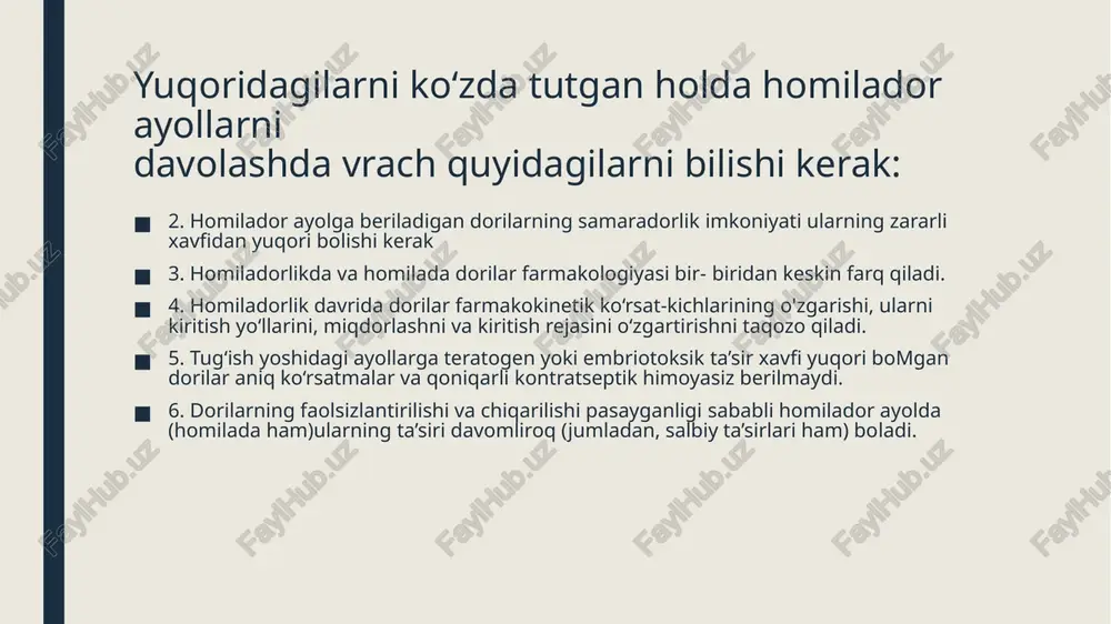 r qon aylanishiga bogmiq. chaqaloqlarda turli guruhdagi mushaklarda qon aylanishi har xil darajada bo'lganligi (masalan, shishlar bolganda) sababli dorilarning so'rilishi turlicha bomadi. rezorbtiv ta’sir olish maqsadida chaqaloqlarga dorini teri orqali yuborish rejalashtirilganda (masalan. glukokortikoidlar) kam zaharli dori shakllarini tanlash kerak. chaqaloqlar terisiga sepish uchun chiqarilgan pudra (upa)lar tarkibiga kiruvchi bor kislotasi teridan so'rilib chaqaloqda ich ketishga, (turli bo'yoqlar tarkibiga kiruvchi) anilin chaqaloq terisida yaxshi so'rilib metgemoglobin; naftalan - gemoliz, kamqonlik va sariqlik (glukoza-6-fosfatdcgidrogenazalar yetishmovchiligida) chaqirishi mumkin. oqsil bilan boglanishi. quyidagi sabablarga ko'ra: 1. chaqaloq qonida oqsil (albuminlar) kamligi. 2. oqsillaming sifat o'zgarishlari. 3. chaqaloqlar qonida moy kislotalari, gormonlar, bilirubin ko'p bo'ladi (onadan o'tgan), bular dorilarning oqsil bilan bog’dan siqib chiqarishi mumkin. 4. chaqaloqqa bir nechta dori yuborilganligi sababli dorilar bir-birini oqsildan siqib chiqarish hisobiga dorining chaqaloq qonidagi sof miqdori ko'proq bo'lishi mumkin. chaqaloqlarda dorilarning oqsil bilan bog'lanishi buzilishi asidozda, urcmiyada, nefrotik sindromda, organizmga ovqat bilan oqsil kam tushganda, shunindek ba’zi …