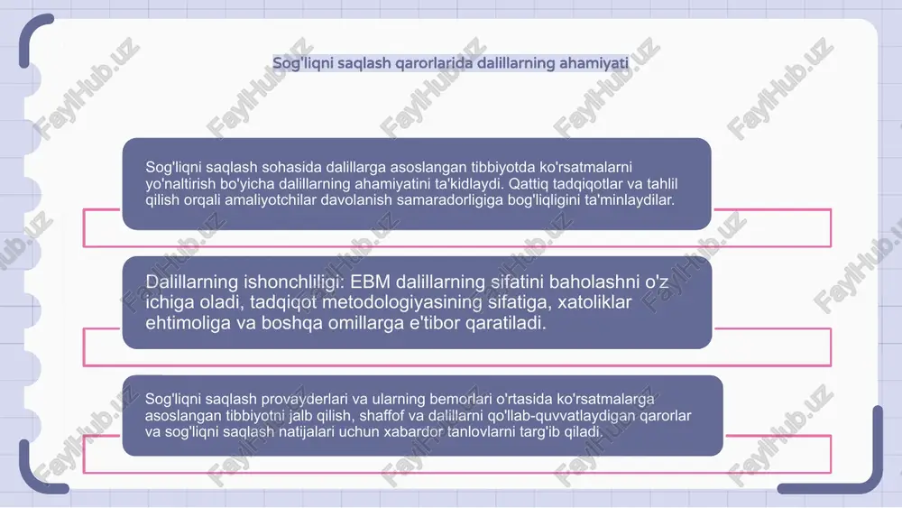 jalarini noto'g'ri talqin qilishlari mumkin. • shifokorning individual tajribasini kam baholash: ebm shifokorning shaxsiy tajribasi va intuitiv qarashlarining ahamiyatini ba'zan kam baholashga olib kelishi mumkin. xulosa: isbotlarga asoslangan tibbiyot - bu tibbiy qarorlar qabul qilishda eng yaxshi ilmiy dalillardan oqilona foydalanishga asoslangan muhim yondashuvdir. ebm sifatli tibbiy xizmat ko'rsatish, samarali davolash usullarini qo'llash va resurslardan to'g'ri foydalanishga yordam beradi. biroq, shuni yodda tutish kerakki, ebm shifokorning individual tajribasini butunlay rad etmaydi, balki u bilan birga ishlaydi va har doim shifokorning shaxsiy yondashuvini talab qiladi e'tiboringiz uchun rahmat