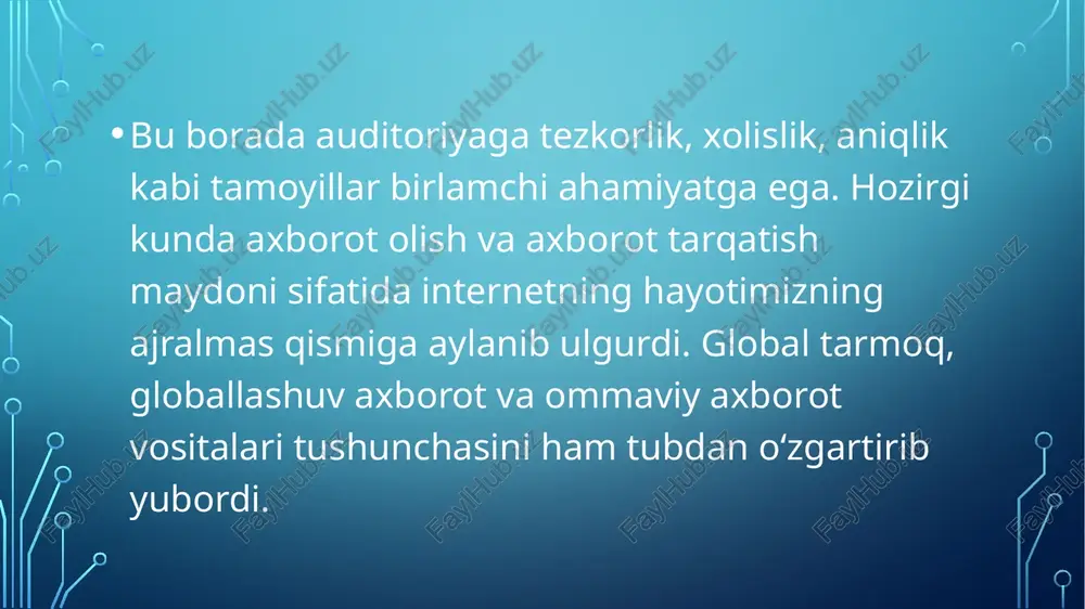 ori va boshka axborot tizimlaridagi hujjatlar yig'indisi tushuniladi. tarmoqdagi kompyuterlarda saqlanayotgan axborot ashyolariga ushbu tarmoqqa ulangan boshqa kompyuterlar yordamida kirish mumkin. jamiyatning hozirgi bosqichda axborot texnologiyalarining rivojlanishini kompyuter tarmog'isiz tasavvur qilib bo'lmaydi.kompyuter tarmog'i - bu aloqa kanallari orqali yagona tizimga bog'langan kompyuter va terminallar majmuidir. image1.png image3.png image4.png image5.jpeg image6.png image7.png image8.png image9.jpeg image10.png image11.jpeg image12.jpeg image13.jpeg image14.jpeg image15.jpeg image16.jpeg image17.png image18.jpeg image19.jpeg image20.png image21.png image22.png image23.png image24.png image25.png image26.png image27.jpeg image28.png /docprops/thumbnail.jpeg