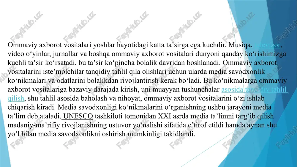 yashash faoliyati usuli sifatida, insoniyat madaniyati shakllanishi jarayonining tashkil etuvchisi sifatida qaraladi. axborot yondashuvi doirasida esa unga axborot talabini qondirishga qaratilgan barcha axborot faoliyati bilimlari majmuasi sifatida qaraladi. xorijiy mamlakatlarning media savodxonlik va axborot madaniyatini qiyosiy tahlili. yunesko media va axborot savodxonligini shakllantirish asoslarini ishlab chiqishda faol ishtirok etadi. mediata’lim buyicha gryunvald (polsha) deklaratsiyasida (1982), axborot savodxonligi va insonning butun hayoti davomida oladigan ta’limi buyicha «axborot jamiyatining mayoqlari» aleksandriya deklaratsiyasi (2005) va parij yunesko kun tartibida (2007) belgilangan maqsadlarga erishishda yunesko a’zo davlatlarini qullab-quvvatlayd grunvald deklaratsiyasining muhimligini yana bir bor tasdiqladilar. globallashuv sharoitida jamiyat va yangi bilimlar alohida ahamiyatga ega. zamonaviy jamiyatda ommaviy axborot vositalarining roli va o'rni sezilarli darajada oshdi. yaxshisi uchun ijtimoiy va kasbiy o'zgarishlarga moslashish, bugungi kunda ko'proq fuqarolar har qanday ramziy ma'lumotni tanqidiy tahlil qilish ko'nikmalarini egallashi kerak tizimlar (majoziy, tovush, matn), o'z media matnlarini yaratish. jarayonida media ta'lim uning tarafdorlarini iloji boricha ko'proq jalb qilishi …