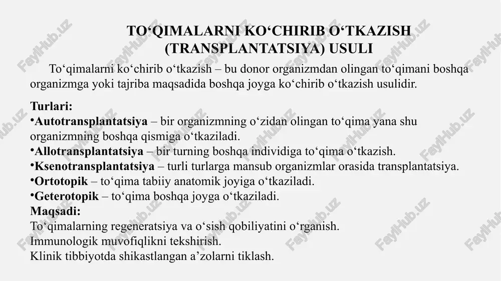 aniqlash: sudan iii, sudan iv, sudan qora: neytral yog‘larni ko‘rsatadi. osmiy tetroksid (oso4): yog‘ kislotalarini qora rangda bo‘yab beradi. 🔸 oqsillarni aniqlash: merkuriy–bromfenol ko‘ki va ninhidrin-schiff reaksiya oqsillarni ko‘rsatadi. millon reaksiya: aromatik aminokislotalar uchun. 🔸 nuklein kislotalarni aniqlash: feulgen usuli: dnkni aniq ko‘rsatadi. pirronin–metilen ko‘k bo‘yoqlari: dnk va rnkni farqlashda. 🔸 fermentlarni aniqlash (enzimohistokimyo): fosfataza, peroksidaza, degidrogenaza kabi fermentlarni substrat–produkt reaktsiyasi asosida aniqlash mumkin. gistokimyoviy usullarning turlari immunogistokimyo — bu to‘qimalarda **aniq oqsil (antigen)**larni maxsus antitelalar yordamida aniqlash usuli. prinsipi — antigen + antitela reaksiyasiga asoslangan. asosiy bosqichlari: to‘qima kesmalari tayyorlanadi (parafin blok yoki kriostat). maxsus asosiy antitela qo‘shiladi (masalan, her2 ga qarshi). antitela antigen bilan bog‘lanadi. antitelaga ferment yoki ftoroxrom bilan birikkan ikkilamchi antitela ulanadi. ferment substrati qo‘shilganda rangli mahsulot hosil bo‘ladi (mikroskopda ko‘rinadi). immunogistokimyo to‘g‘ridan-to‘g‘ri usul: marker bevosita asosiy antitelaga ulanadi. bilvosita usul: asosiy antitelaga markerli ikkilamchi antitela ulanadi → signal kuchliroq chiqadi. avidin–biotin kompleksi usuli (abc): signalni …