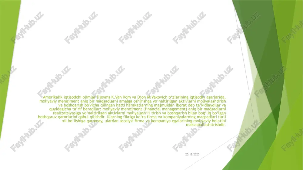 r o‘z oldiga aniq vazifalarni qo‘yib oladi va belgilangan vazifalar ularning xususiyatlaridan kelib chiqqan holda turlicha bo‘lishi mumkin. 18.10.2024 yuqoridagi ma`lumotlarga asoslangan xolda xulosa qilib shuni aytish mumkinki, korxonalarda moliyaviy menejmentning maqsad va vazifalari, bozor munosabatlari shakllanayotgan bugungi sharoitda ham, kelajakda ham korxonalar xo‘jalik faoliyatini uzluksiz ravishda yaxshilab va takomillashtirib borishi uchun iqtisodiy dastak sifatida muhim ahamiyat kasb etadi. 18.10.2024 e`tiboringiz uchun rahmat !!! 18.10.2024 image1.jpeg image2.png image3.jpeg image4.png image5.jpeg image6.png image7.png image8.jpeg /docprops/thumbnail.jpeg