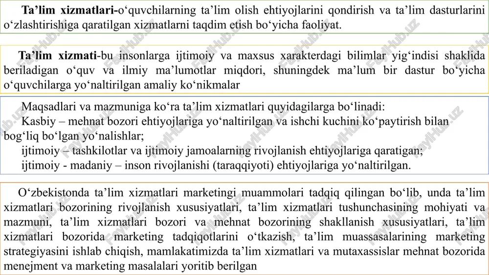 i uchun tadbirkorlar marketingni bilishi kerak. marketing hamma uchun kerak – chunki hamma bozor munosabatlarining ishtirokchisi hisoblanadi. marketing nega o‘rganiladi? bozorni yaxshi bilmagan xaridor doim sotuvchilar uchun xizmat qiladi, bozorni yaxshi bilgan xaridorga esa sotuvchilar xizmat qiladi. bozor ilmi va falsafasi marketingdir. demak, marketingni o‘rganish nafaqat sotuvchi, balki barcha bozor ishtirokchilari uchun kerak. marketing qachon bizga yordam beradi? marketing bozorda barchaga kerak, marketing tadbirkorning “yo‘lchi yulduzi”, bozor munosabatlarida ishtirok etuvchi barcha sub’ektlar uchun marketing bozorda o‘z maqsadlarini amalga oshirish, iste’molchilarning ehtiyojlarini samarali qondirishga yordam beradi. marketing qanday amalga oshiriladi? marketing bozor munosabatlari qaerda bo‘lsa, shu yerda amalga oshiriladi. tovarlar, sohalar, tarmoqlarning o‘ziga xos bozor usullari mavjud. shuning uchun marketing kichik biznes sub’ektlarining tarmoq va sohalaridagi o‘ziga xosligidan kelib chiqib amalga oshiriladi. marketing bilan kimlar shug‘ullanadi? marketing bilan bozor ishtiroklari, tadbirkorlar, korxonalar, xaridorlar umuman, barcha shug‘ullanadi. korxonalarning alohida marketing bo‘yicha mutaxassisi yoki marketing bo‘yicha shug‘ullanuvchi firmalar ham mavjud. ularning asosiy vazifasi …