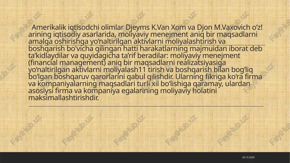 belgilaydilar. ushbu maqsadlarga erishishda korxonalar o‘z oldiga aniq vazifalarni qo‘yib oladi va belgilangan vazifalar ularning xususiyatlaridan kelib chiqqan holda turlicha bo‘lishi mumkin. 09.10.2024 yuqoridagi ma`lumotlarga asoslangan xolda xulosa qilib shuni aytish mumkinki, korxonalarda moliyaviy menejmentning maqsad va vazifalari, bozor munosabatlari shakllanayotgan bugungi sharoitda ham, kelajakda ham korxonalar xo‘jalik faoliyatini uzluksiz ravishda yaxshilab va takomillashtirib borishi uchun iqtisodiy dastak sifatida muhim ahamiyat kasb etadi. 09.10.2024 e`tiboringiz uchun rahmat !!! 09.10.2024 image2.jpeg image3.png image4.jpeg image5.png image6.jpeg image7.png image8.png image9.jpeg image1.jpeg /docprops/thumbnail.jpeg