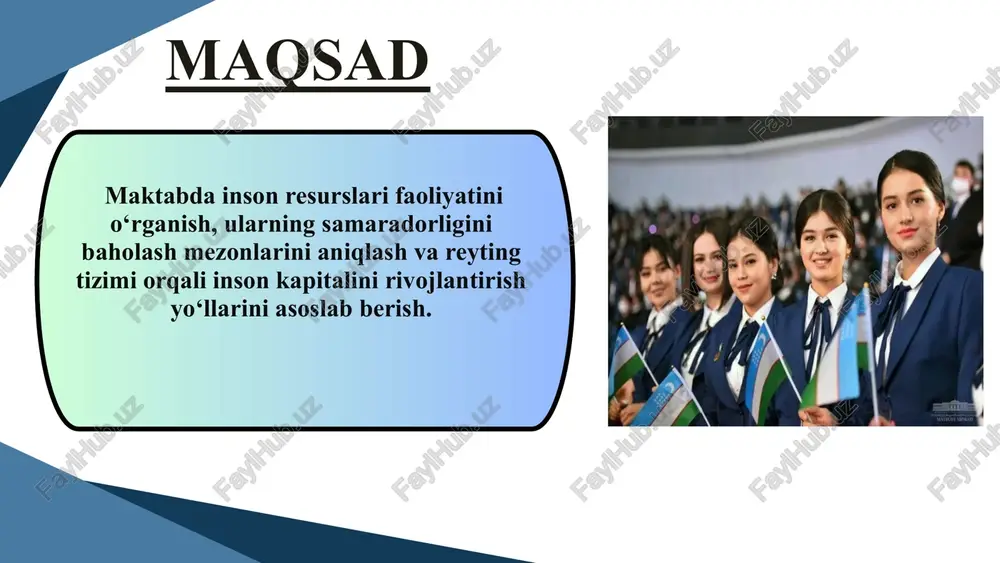 ka oshirish imkoniyatlari taqdim etish. bu o‘qituvchilarga motivatsiya beradi va ta’lim sifatini oshirishga turtki bo‘ladi. maktablarda o‘qituvchilar uchun psixologik yordam va motivatsion dasturlarni joriy etish kerak takliflar 1 2 3 chora-tadbirlar rejasi tr muammo muammoning yechimini amalga oshirish mexanizmi mas’ul muddati kutilayotgan natija 1 maktab o‘qituvchilarining choraklik o’z fani bo‘yicha diagnostika testlarining olinmasligi maktab direktorining o‘rinbosarlari hozirda zamonaviy vositalardan foydalanib testlar tuzadi va har chorak yakunida testlar olinib qat’iy tahlil qilib borish. maktab direktori, o‘ibdo‘ o‘quv yili davomida yil oxirida choraklik tahlillar yig‘ilib, yillik o‘qituvchilar reytingi aniqlanadi va yuqori o‘rindagilar rag‘batlantiriladi. bu tizim o‘qituvchilarga o‘z kasbiy malakalarini yaxshilash imkoniyatini yaratadi. 2 sohta baholash va reytinglar maktabda qat’iy reja grafik ishlab chiqilib, yillar davomida hammani ko‘z o‘ngida “bu hammadan zo‘r”, “bu hammadan bilimli” degan pedagoglarni asl bilimini ko‘rsatish va tahlilini qilib borish. maktab direktori va psixolog o‘ibdo‘ 2025- 2026-o‘quv yili davomida yangi ishga kelgan va yosh salohiyatli, pozitiv innovatsion kadrlarni yuzaga …