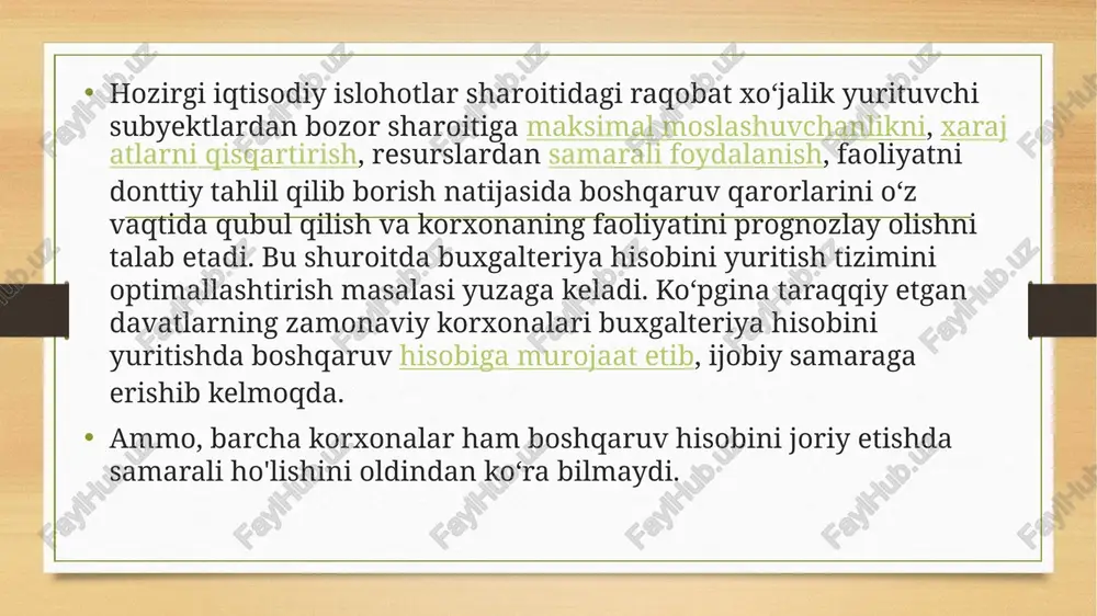 to‘lovlar. -ish rejimi va mehnat sharoitlari bilan bog‘liq bo’lgan kompensatsiya tusidagi to‘lovlar, shu jumladan: ko‘psmenali rejimda ishlaganlik, kasblarni birga qo‘shib olib borganlik va xizmat ko‘rsatish zonalarini kengaytirganlik uchun ustamalar. buyurtmalar bo’yicha xarajatlarni umumlashtirilgan hisobi buyurtmalar bo’yicha xarajatlarni umumlashtirilgan hisobi quyidagilar yordamida tashkil etiladi: nazorat schyotlari; alohida hisoblash va shartnoma bo’yicha tannarx kalkulatsiyasi. nazorat schyotlari - bu xarajatlar va ular bilan korrespondensiyada bo’ladigan schyotlarni moliyaviy hisobning odatdagi tartibida ochilishini ko’zda tutuvchi schyotlar tizimi hisoblanadi. xarajatlarning analitik schyotlari xarajatlar to’plami kartochkalarida ko’rsatilgan - ularda to’g’ri xarajatlar umumlashtiriladi. egri xarajatlarni esa taqsimlash hisoblari bo’yicha hisobot davri tugagandan so’ng kiritiladigan "buyurtmalar kartochkalari"da hisobga olib boriladi. alohida hisoblash - bu boshqaruv va moliyaviy hisobda schyotlarni alohida ochishni ko’zlovchi hisob tizimi bo’lib, bu holda xarajatlar schyotlariga moliyaviy muomalalar haqida yozuvlar qilinmaydi. foydalanilgan adabiyotlar: http://muhaz.org/ internet sayti. https://uz.wikipedia.org/ https://izoh.uz/word/kalkulyatsiya e’tiboringiz uchun rahmat!!! image5.png image6.png image3.png image4.png /docprops/thumbnail.jpeg