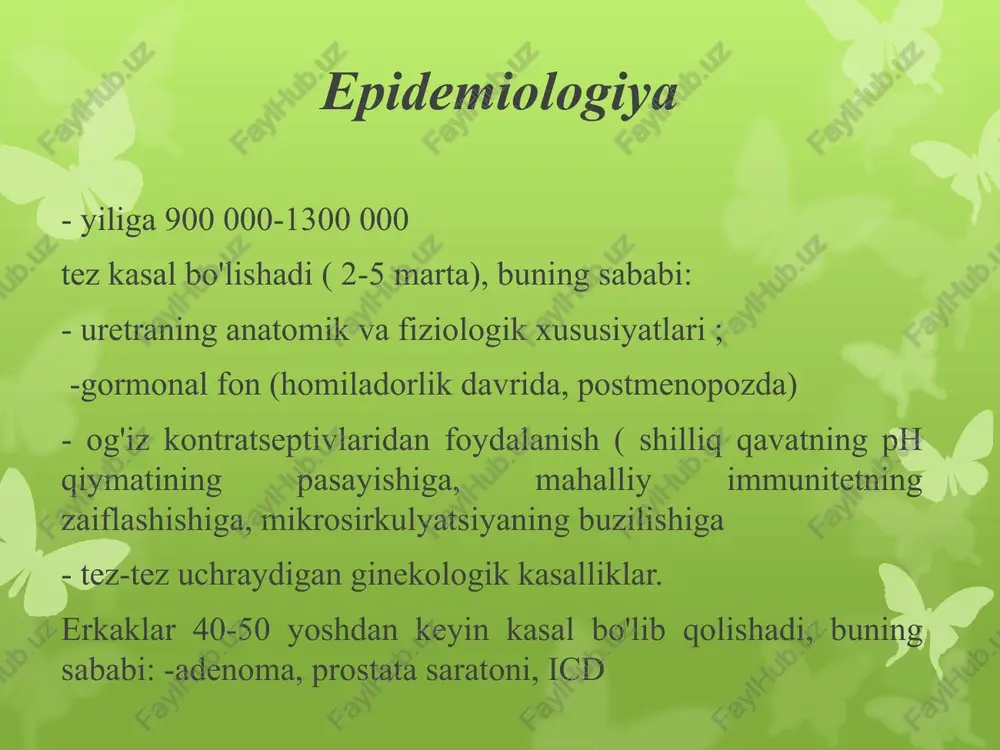orfologiya 1. pn ning asosiy o'zgarishlari dastlab buyraklarning interstitsial to'qimalarida sodir bo'ladi. 2. ular neytrofillar va plazma hujayralari tomonidan yallig'lanish infiltratsiyasi, interstitsial fibroz bilan tavsiflanadi. 3. keyingi bosqichda glomerulyarlarning hujayra infiltratsiyasi va ajinlari, periglomerulyar fibroz paydo bo'ladi. 4. umumiy atrofiya, epiteliyning distrofiyasi 5. ko'pincha perivaskulyar skleroz bilan samarali endarterit mavjud . patomorfologiya gistologik tekshiruv kanalchalar lümeninde polimorfonukulyar leykotsitlar, shish va interstitiumning yallig'lanishini aniqlaydi . shifolash jarayonida interstitsial fibroz rivojlanadi , yallig'lanish infiltratida limfotsitlar va plazmositlar ustunlik qila boshlaydi . tasniflash piyelonefrit shakllari kasallik faoliyati buyrak funktsiyalari 1. birlamchi , buzilmagan buyrakda rivojlanuvchi (rivojlanish anomaliyalari va urodinamikaning tashxislangan buzilishlarisiz ) achchiq ( bosqichlari: 1. seroz yallig'lanish; 2. yiringli yallig‘lanish; 3. apostematik pielonefrit; 4. buyrak karbunkuli; 5. buyrak xo'ppozi ) 1. faol bosqich ( faol yallig'lanish bosqichi) 1. buyrak funktsiyasi saqlanib qolgan 2. ikkilamchi - siydik chiqarishni buzadigan kasalliklar fonida paydo bo'ladi (metabolik va obstruktiv nefropatiyalar uchun ) 2. surunkali 2. qisman …