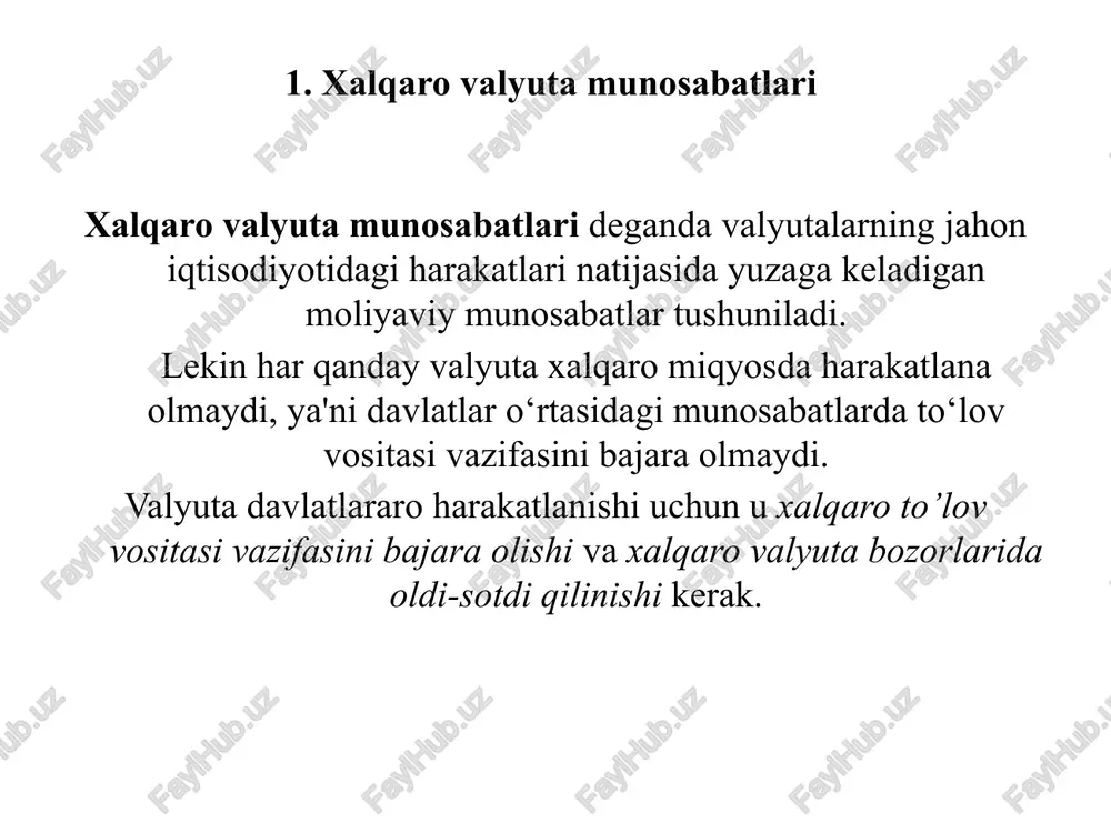 inflyatsiyaning sur’ati va pul massasining hajmini o‘zgarishi; mamlakatning to‘lov balansi; foiz stavkalaridagi farq; spekulyativ valyuta operatsiyalari; xalqaro hisob-kitoblarda qo‘llanish darajasi; davlat va bozor tomonidan tartibga solinishning o‘zaro ta’siri; mamlakatning mamkroiqtisodiy ko‘rsatkichlari; subyektiv faktorlar va boshq. xalqaro valyuta munosabatlari xalqaro valyuta operatsiyalarini amalga oshirishda valyutaviy qimmatliklar ham muhim o‘rin tutadi. odatda, valyutaviy qimmatliklarga oltin va boshqa nodir metallar, xorijiy valyutalarda yozilgan cheklar, veksellar va qimmatli qog‘ozlar kiradi. o‘zbekiston respublikasining “valyutani tartibga solish to‘g‘risida”gi qonunining 3-moddasiga ko‘ra chet el valyutasi, chet el valyutasidagi qimmatli qog‘ozlar, chet el valyutasidagi to‘lov hujjatlari va sof quyma oltin valyuta boyliklari hisoblanadi. xalqaro valyuta munosabatlari banklararo vakillik munosabatlarining mavjudligi xalqaro valyuta operatsiyalarini amalga oshirishning zaruriy shartlaridan biri hisoblanadi. banklarning “nostro” va “vostro” vakillik munosabatlari orqali xorijiy valyutalardagi to‘lovlar amalga oshiriladi va tushumlar qabul qilinadi. xalqaro valyuta munosabatlari banklararo vakillik munosabatlarining ikki turi mavjud: 1. bir tomonlama vakillik munosabatlari. 2. ikki tomonlama vakillik munosabatlari. bir tomonlama vakillik munosabatlarida …