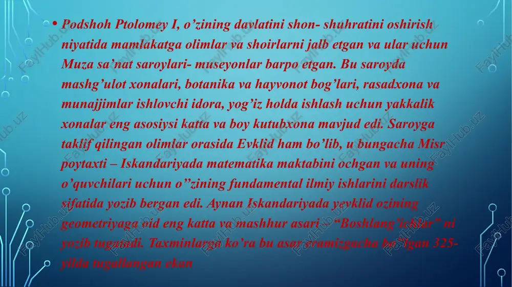 tonizmga proklos yuqoridagi muallifiyevkild isbotidir o’zi ekanligini ta’kidladi. nima bo’lishidan qat’iy nazar, u hali ham pifagor emas edi bir teoremasi shakllantirish uchun birinchi edi. pifagor teoremasi – to’g’ri burchakli uchburchak tomonlari haqidagi teorema. unga ko’ra agar to’g’ri burchakli uchburchak tomonlari bir xil masshtabda o’lchangan bo’lsa, katetlar uzunliklari kvadratlari yig’indisi gipotenuza uzunligi kvadratiga teng: . hammaga ma’lum bo‘lgan pifagor teoremasi – eng muhim fundamental teoremalardan biridir. katetlari a va b, gipotenuzasi esa c ga teng bo‘lgan to‘g‘ri burchakli uchburchakda bo‘ladi. bu teoremaning eng mashhur bo‘lgan natijasini keltiramiz: uchburchakning ichki burchaklar yig‘indisi 180° ga teng. isbotini o‘ng tomonda berilgan rasmdan osonlik bilan chiqarish mumkin. pifagor teoremasiga, asosan, to’g’ri burchakli uchburchak katetlariga yasalgan kvadratlar yuzalarining yig’indisi gipotenuzaga yasalgan kvadrat yuzasiga teng. pifagor teoremasi qadimgi misr va pifagor teoremasiga bobilda ma’lum vd shaklda bo’lgan, lekin birinchi isboti pifagorga tegishli deb hisoblanadi. hozir pifagor teoremasining o’ndan ortiq isboti ma’lum. pifagor teoremasi ta’rifi evklid geometriyasida o’rinli, …