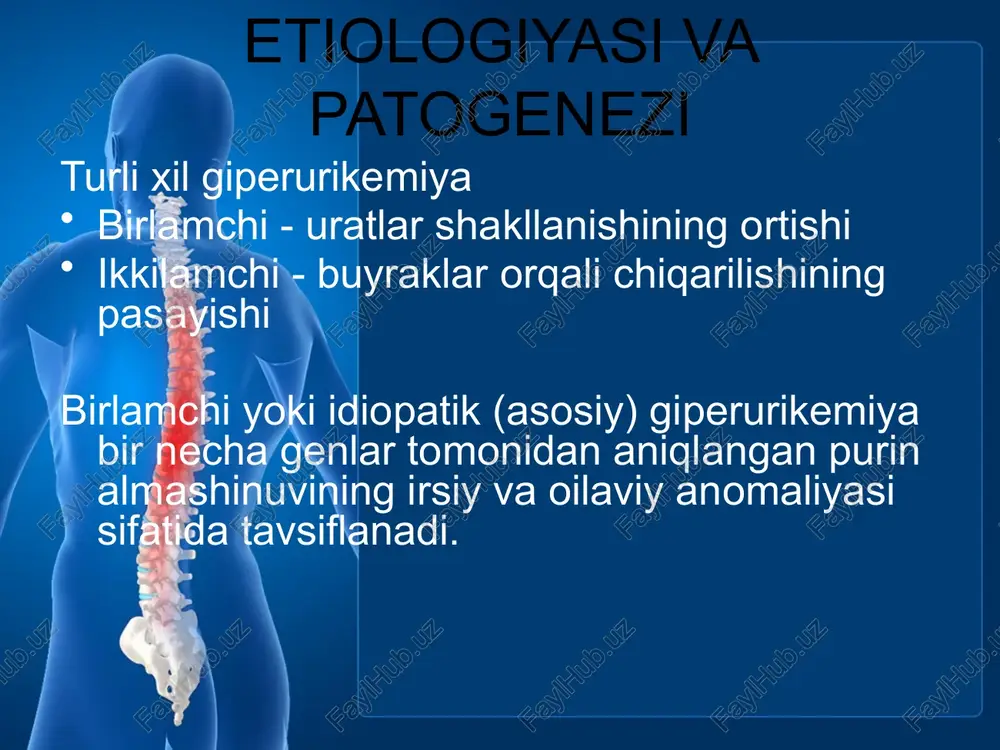 an bemorlarda birga keladigan kasalliklarning chastotasi oshadi: arterial gipertenziya qandli diabet qon tomirlarining aterosklerotik lezyonlari gipertrigliseridemiya. differentsial tashhis psevdopodagra reaktiv artrit polindromli revmatizm romatoid artrit o'tkir revmatik isitma osteoartritning kuchayishi davolash podagraning o'tkir hujumini boshqarish uzoq muddatli davolanish rejim tana vaznini normallashtirish spirtli ichimliklarni istisno qilish sog'lom oziq-ovqat giperuremiyani kamaytiradigan dorilar bilan davolash fizioterapiya bilan davolash spa davolash o'tkir podagrani yengillashtirish umumiy harakatlar (to'liq dam olish, oyoqning ko'tarilgan holati, ko'p suv ichish) tibbiy davolanish kolxisindan foydalanish nsaidlardan foydalanish gcs dan foydalanish dori vositalarini topikal qo'llash (analgin, novokain, indometazin bilan dimexid) davolash dietoterapiya spirtli ichimliklarni istisno qilish ko'p miqdorda purin asoslarini (go'sht, baliq va ulardan tayyorlangan mahsulotlar) o'z ichiga olgan oziq-ovqat mahsulotlarini iste'mol qilishni kamaytirish. steroid bo'lmagan yallig'lanishga qarshi dorilar: voltaren ( kuniga 150-200 mg ), indometazin ( kuniga 150-200 mg ), butadion ( kuniga 0,6 g ). urikolitiklar : qondagi siydik kislotasi darajasini normallashtirish uchun kuniga 0,3-0,4 g dozada allopurinol …