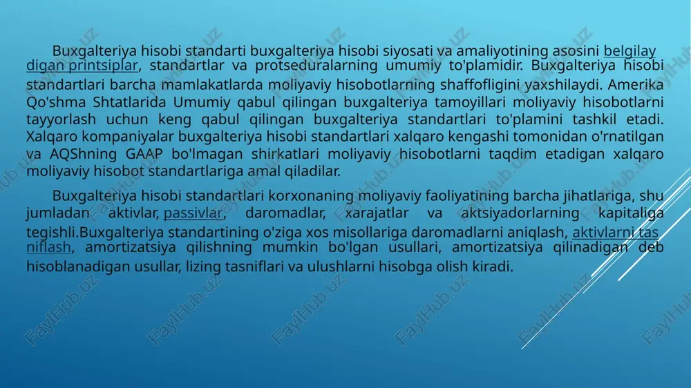 ashkilot, korxonalar uchun o’ziga xos hisobot shakllarini, moliya vazirligi bilan kelishilgan holda, qabul qilishlari mumkin. hisobot buxgalteriyaning sintetik va analitik hisob ma'lumotlari asosida to’zilib,unga kushib yozish,ongli ravishda ma'lumotlarni bo’zib ko’rsatganlik uchun, xo’jalik raqbarlari va bosh buxgalterlar javob beradilar. buxgalteriya hisobotlari uz vaqtida to’zilib,tegishli organlarga topshirilishi zarur. yuqori tashkilotlar o’zlariga qarashli korxona.xo’jaliklar hisobotlari asosida yigma (jamlama) hisobot tuzadilar. buxgalteriya hisobotining turlari va ularning mazmuni buxgalteriya hisobotlari qaysi davrda to’zilishiga qarab oyliq paklikva yillik hisobotlarga bo’linadi. oylik buxgalteriya hisobotlari buxgalteriya balansi va ma'lumotnomalardan iborat qiladi. buxgalteriya balansida hisobot oyi boshiga xo’jalik mablag’lari va ularning tashkil manbaalarini qoldiqlari aks etgiriladi. ma'lumotnomalarda esa xo’jalik faoliyatining asosiy ko’rsatkichlari qanday bajarilganliklari ko’rsatiladi. choraklik buxgalteriya hisobotining hajmi keng bo’lib, balansdan tashqari xo’jalik faoliyatyning turli ko’rsatkichlarini aks ettiruvchi bir necha jadvallardan iborat bo’ladi: № 1«buxgalteriya balansi», № 2 «moliyaviy natijalar to’q’risida hisobot”; № 2a «debitorlik va kreditorlik qarzlari to’q’risida ma'lumotnoma». korxonalar yillik buxgalteriya hisobotini kelasi yilning 1-yanvar holatiga …