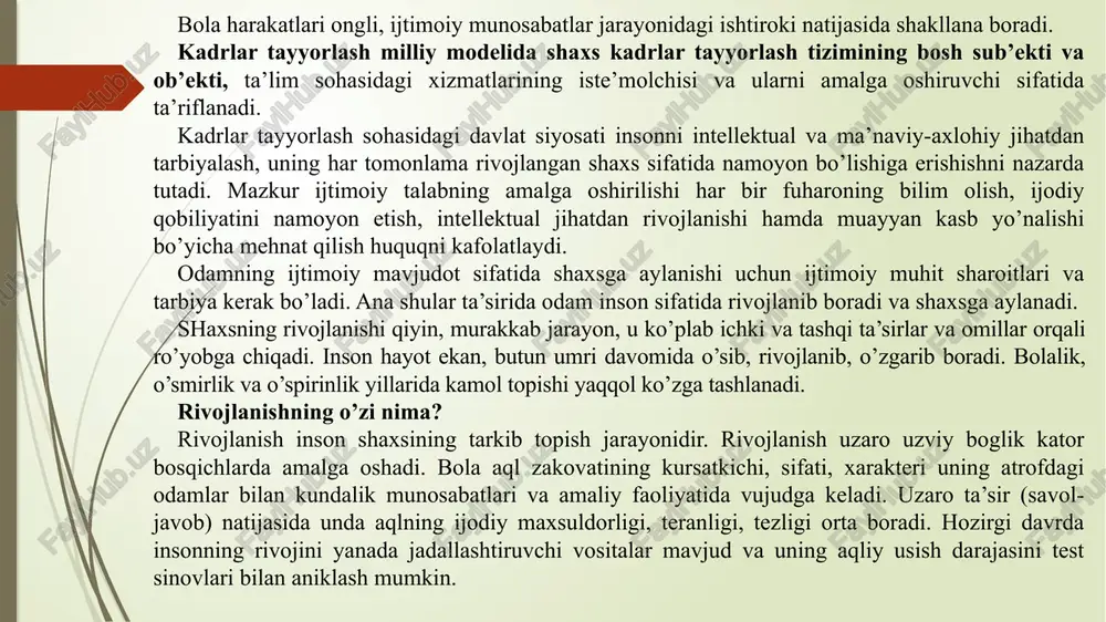 sh va bexato baholash uchun uni turli munosabatlar jarayonida kuzatish lozim. demak, shaxsni rivojlantirish vazifasini to’g’ri hal etish uchun uning xulqiga ta’sir etuvchi omillar hamda shaxs xususiyatlarini yaxshi bilish zarur. tarbiya bolaga samarali ta’sir etishi uchun o’sish va rivojlanish qonuniyatlarini bilish va hisobga olish maqsadga muvofiq. shunday qilib, rivojlanish va tarbiya o’rtasida ikki tomonlama aloqa mavjud. inson, odam, shaxs ko'plab fanlarning o'rganish ob'ekti hisoblanadi. shaxs deganda muayyan jamiyatning a'zosi tushuniladi. ijtimoiy munosabatlarga kirishuvchi, ongi yuksak taraqqiy etgan, ijtimoiy taraqqiyotda ishtirok etuvchi odamgina shaxs deyiladi. shaxsning eng asosiy belgisi-uning ongli faoliyat egasi ekanligidir. ma'lumki kishi ongi faqat jamiyatda, boshqalar bilan o'zaro munosabatda til yordamida ijtimoiy tajribani o'zlashtirishda shakllanadi. binobarin shaxs ham faqat jamiyatdagina shaxsga aylanishi mumkin. odamning ijtimoiy mavjudot sifatida shaxs nomini olishi uchun unga ijtimoiy-iqtisodiy hayot va tarbiya kerak. shu boisdan pedagogika fani bolaning shaxs sifatida rivojlanishi, uning har tomonlama kamolga etish qonuniyatlarini, unga ta'sir etuvchi ob'ektiv va sub'ektiv omillarni, …