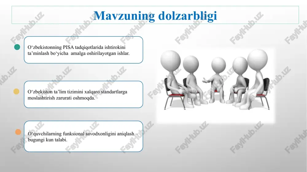 tahlil qilish guruhlarini tashkil qilish. maktab direktori o‘ibdo‘ mmibdo‘ o‘quv yili davomida o‘qituvchilarning yondashuvi o‘zgaradi, ular pisa savollariga o‘xshash topshiriqlarni darsga kiritishni boshlaydi. sekin asta mas’uliyat va tayyorgarlik kuchayadi – ular o‘z kamchiliklarini bilib, o‘z ustida ishlay boshlaydi. umumiy tayyorgarlik sifati oshadi, bu esa xalqaro baholash natijalarida ijobiy aks etadi. 10 xulosa xalqaro baholash dasturlarida muvaffaqiyatli ishtirok etish uchun ta’lim tizimida keng qamrovli islohotlar zarur. o‘quv dasturlari va metodikalarning zamonaviylashtirilishi muhim. 11 takliflar o‘qituvchilar malakasini oshirish. maxsus tayyorlov dasturlarini joriy etish. raqamli vositalardan foydalanish. pisa formatida topshiriqlar bilan ishlash. e’tiboringiz uchun rahmat! image4.jpeg image5.jpeg image6.png image7.jpeg image13.svg image10.png image8.png image11.svg image9.png image11.gif image12.jpeg image3.png image13.gif image14.jpeg image15.png image16.jpeg image17.jpeg image18.jpeg image19.jpeg image20.gif image21.jpeg image22.gif image1.png /docprops/thumbnail.jpeg