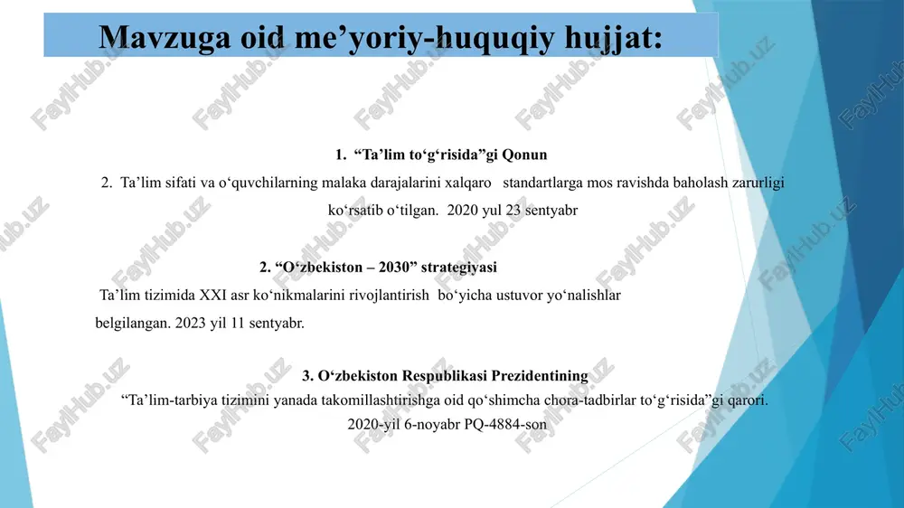 treningdan o‘tadi. xalqaro va mahalliy hamkorlar bilan o‘zaro hamkorlikda turli grantlar tashkil etish. xulosa: bugungi kunda ta'lim jarayonini interfaol, amaliy va samarali qilish zarurati ortib bormoqda. bu borada ta'limiy loyihalar bilan ishlash o‘quvchilarning mustaqil fikrlashi, jamoaviy ishlash ko‘nikmalari va ijodiy salohiyatini rivojlantirishda muhim vosita sifatida qaralmoqda. loyiha asosida ta'lim berish usuli o‘quvchilarni faqat bilim olish bilan cheklanmay, ularni hayotga tayyorlaydi, muammolarga yechim topishga, tashabbuskorlik va mas’uliyatni his qilishga undaydi. shuningdek, loyihaviy faoliyatlar orqali o‘qituvchilar o‘z pedagogik mahoratini oshiradi, innovatsion yondashuvlarni sinab ko‘rish imkoniga ega bo‘ladi. bu esa maktabning umuman ta’lim sifati va raqobatbardoshligini oshiradi. shuning uchun ham maktablarda ta’limiy loyihalar bilan samarali ishlash nafaqat dolzarb, balki zamonaviy ta’lim tizimi uchun zaruriy omillardan biridir. 10 maktabda ta’limiy loyihalar bilan samarali ishlash uchun xorij tajribalarini o‘rgangan holda reja ishlab chiqish. homiylar va hamkorlar bilan shartnomalar tuzish. taklif: maktablarda pedagoglarga treninglar , vebinarlar orqali metodik qo‘llanmalar bilan tanishtirish va loyihalar bilan ishlash ko‘nikmalarini …
