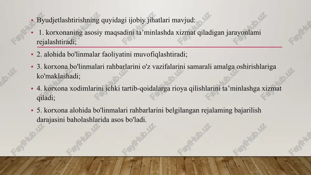 an buxgalteriya balansi va pul mablag‘lari harakati to‘g‘risidagi hisobot kabi hujjatlarni o‘z ichiga qamrab oladi. kapital xarajatlar byudjeti. kapital quyilmalar ehtiyojini aniqlash va ular uchun investitsion resurslarni jalb qilish boshqaruv hisobining kompleks vazifasi hisoblanadi. pul mablag‘lari byudjeti. bu byudjet xo‘jalik yurituvchi subyektning umumiy faoliyatini rejalashtirish jarayonida eng asosiy byudjetlardan biri hisobalanadi. kutilayotgan moliyaviy holat to‘g‘risidagi hisobot. umumiy byudjetni tayyorlashdagi yakuniy qadam kutilayotgan moliyaviy holat yoki xo‘jalik yurituvchi subyekt uchun buxgalteriya balansi loyihasini ishlab chiqish hisoblanadi. 10 byudjetning bajarilishi bo‘yicha barcha ma’suliyatni ushbu byudjetni tuzish bo‘yicha ijrochi, ya’ni buxgalter o‘z zimmasiga oladi. rivojlangan bozor iqtisodiga ega mamlakatlarda bu masalani bevosita moliyaviy menedjer bajaradi. ushbu jarayonning muvaffaqiyatli amalga oshirilishi ikkita muhim holatni keltirib chiqaradi. birinchidan, xo‘jalik yurituvchi subyektning barcha mas’ul shaxslari tomonidan o‘z maqsadlarini aniq bilishi va kutilayotgan holatlar to‘g‘risida aniq tasavvurga ega bo‘lishlari uchun sharoit yaratiladi. xo‘jalik yurituvchi subyekt faoliyatiga jalb etilgan har bir xodim ulardan nima kutilayotganligini bilishlari, o‘z maqsadlariga …