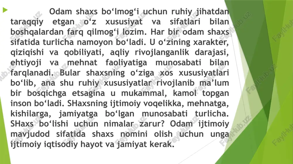 i. uning rivojlanishi uchun bolani tarbiyalash kerak, tarbiya bo‘lmasa, boladagi bor qobiliyat ham yo‘qoladi. uning kamol topishi uchun kamolatga asos bo‘ladigan qobiliyat negiz bo‘lishi kerak. sa’diy o‘z fikrini isboti uchun “guliston” asarida “bir vazirning takasaltang o‘g‘li bor edi. vazir o‘g‘lini bir donishmand huzuriga eltib: “shuni tarbiya qil, shoyad aqli kirib, odam bo‘lsa” - deydi. donishmand vazirzodani uzoq muddat tarbiya qildi, foydasi bo‘lmadi. bolaning otasiga bir odam orqali: “o‘g‘ling odam bo‘lmadi, meni ham aqldan ozdirdi” - deb xabar qildi. u bu voqeadan shunday xulosa chiqaradi:” qobiliyat bo‘lsa aslida, tarbiya unga qiladi asar. qancha urinsa bo‘lmas sayqali, temir aslida bo‘lmas gavhari “qobiliyatli odamni tarbiya qilmaslik - zulmkorlik va noqobil odamga tarbiya hayfdir. tarbiyangni ayab unisini nobud qilma, tarbiyangni bunisiga zoe ketkazma”, - deb ta’kidlagan a.navoiy. bundan tarbiyaning natijasi odamni qobiyatlilik darajasiga bevosita bog‘liqligi asoslanayapti masalan, qobiliyati bo‘lmagan insonni aqlli mehnat qilishga yo‘llash ijobiy natija bermasligini ta’kidlash kerak. yoki biror kasblarni egallashga ham …