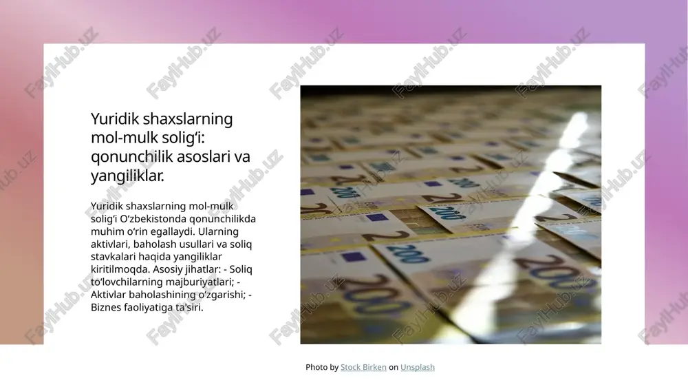 choraklik asosda amalga oshiriladi va belgilangan muddatlarga rioya qilish muhimdir. 3 qonuniy imtiyozlar yuridik shaxslar uchun mol-mulk solig'ida ba'zi imtiyozlar mavjud. masalan, yangi texnologiyalarni joriy qilgan korxonalar uchun chegirmalar taqdim etilishi mumkin. yuridik shaxslarning mol-mulkiga solinadigan soliq stavkalari: umumiy ko'rinish. yuridik shaxslarning mol-mulkiga solinadigan soliq stavkalari, asosan, mol-mulkning turiga va joylashuviga qarab o'zgaradi. o'zbekistonda ushbu stavkalar iqtisodiy faoliyatni rag'batlantirish maqsadida muayyan imtiyozlar bilan birga belgilangan. ushbu soliqning asosiy jihatlari: - mol-mulkning baholanishi - soliq stavkalari va imtiyozlar - soliq to'lash jarayonidagi muhim qoidalar photo by mikita yo on unsplash o'zbekistondagi yuridik shaxslar uchun mol-mulk solig'i stavkalarining tarixiy rivojlanishi. 1 o'zbekistondagi mol-mulk solig'i tarixiy ko'rinishi - o'zbekistonda mol-mulk solig'i 1991 yildan boshlab joriy etilgan bo'lib, dastlabki qonunlar davlat mulkini qo'llab-quvvatlashga qaratilgan edi. 2 davlat vaqti bilan o'zgarishlar - o'zbekiston mustaqillikka erishgach, mol-mulk solig'i tizimi yangilandi, yangi stavkalar va tartib-qoidalar kiritildi, iqtisodiy o'zgarishlarga moslashdi. 3 stavkalarning rivojlanishi - mol-mulk solig'i stavkalari vaqt …