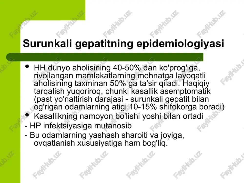 raund, " helicobacter pylori ", 1996 yil ) 21 surunkali gastritning morfologiyasi. endoskopiya. ichak epiteliya metaplaziyasi (surat - a. li, f. megraund, " helicobacter pylori ", 1996 yil ) 22 surunkali gastritning morfologiyasi. endoskopiya. maxsus shakllar. menetrier kasalligi. burmalarning gipertrofiyasi. (surat - a. li, f. megraund, " helicobacter pylori ", 1996 yil ) 23 surunkali gastritning morfologiyasi. endoskopiya. oshqozon shilliq qavatining atrofiyasi . (surat - a. li, f. megraund, " helicobacter pylori ", 1996 yil ) 24 surunkali atrofik bo'lmagan gastrit klinikasi ko'pincha yoshlarda uchraydi asosiy klinik sindromlar a) dispeptik (oshqozon, ichak dispepsiyasi) b) og'riqli (kamroq) og'riq ovqatlanish bilan bog'liq bo'lib, ovqatdan 20-30 minut o'tgach paydo bo'ladi va mavsumiy emas. palpatsiya paytida og'riq ko'pincha diffuz yoki mahalliy (pyloroduodenal sohada) bo'ladi. 25 surunkali atrofik bo'lmagan gastrit klinikasi dispeptik sindrom havoning qichishi, nordon, ko'ngil aynishi (atsidizm sindromi - sekretsiyasi saqlanib qolgan va ko'paygan surunkali gepatit bilan), ko'ngil aynishi, ich qotish tendentsiyasi bilan …
